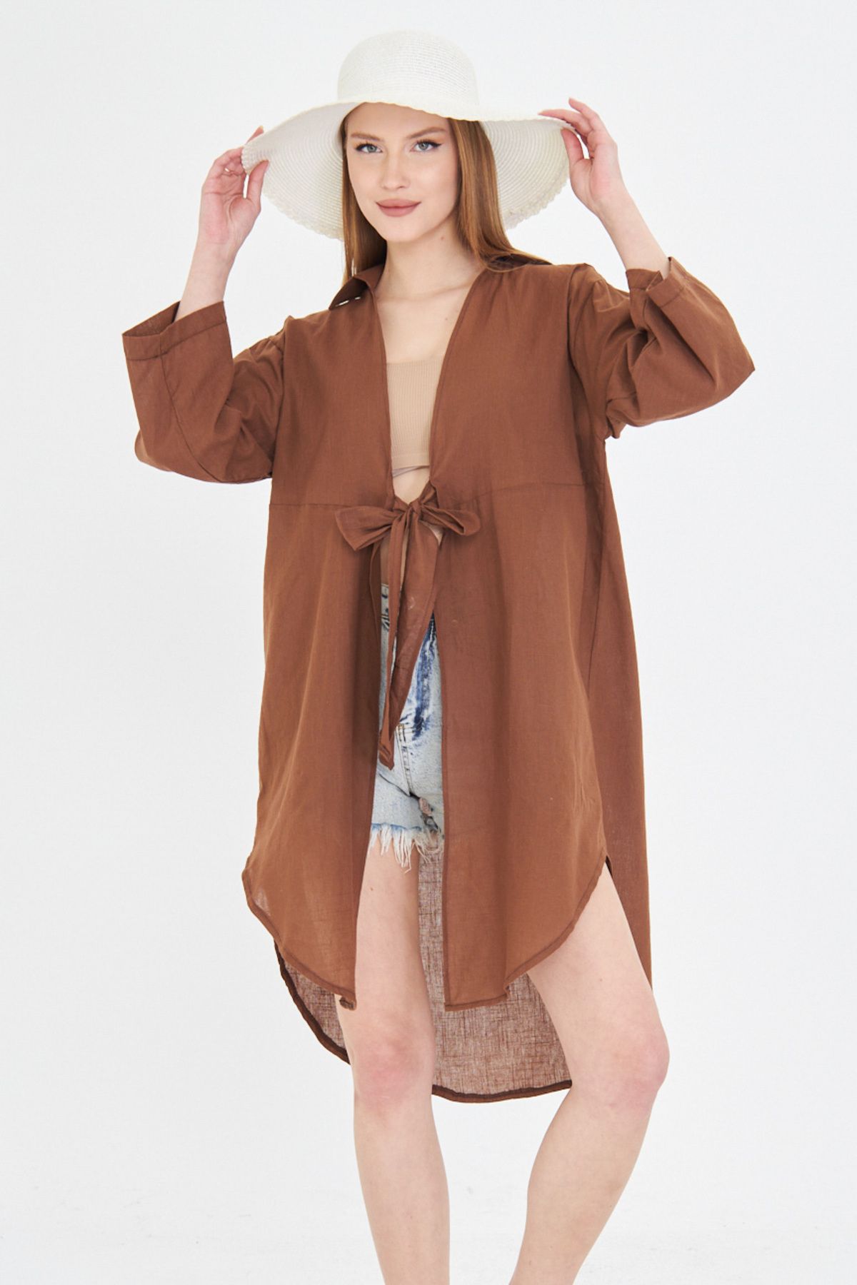 armonika Kadın Kahve Önden Bağlamalı İnce Keten Kumaş Midi Boy Kimono Gömlek ARM-