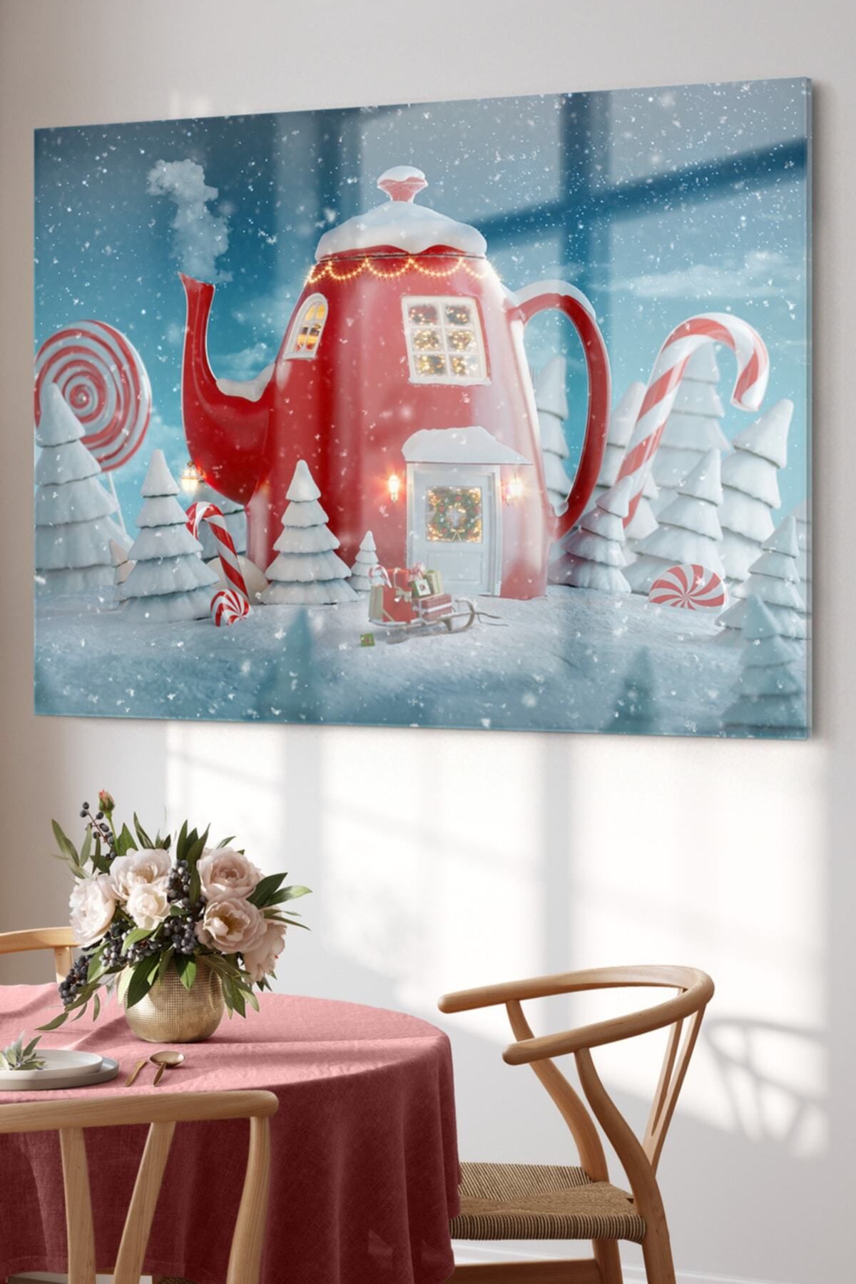 First Date Çaydanlık Modern Kırmızı Beyaz |mutfak Temalı Cam Tablo | 50x70 Cm