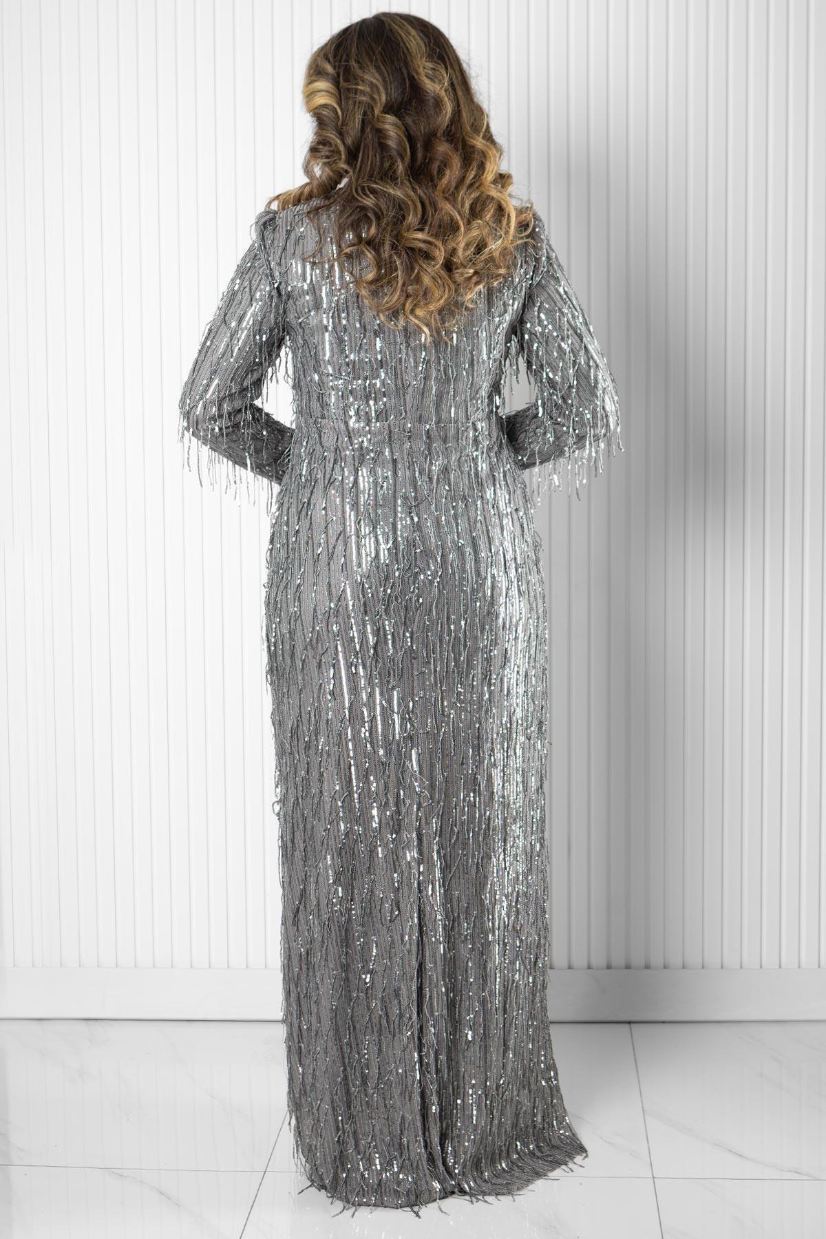 SUBU TASARIM-Gray Tbsmda2025 Detail Sequin Evening Dress 5