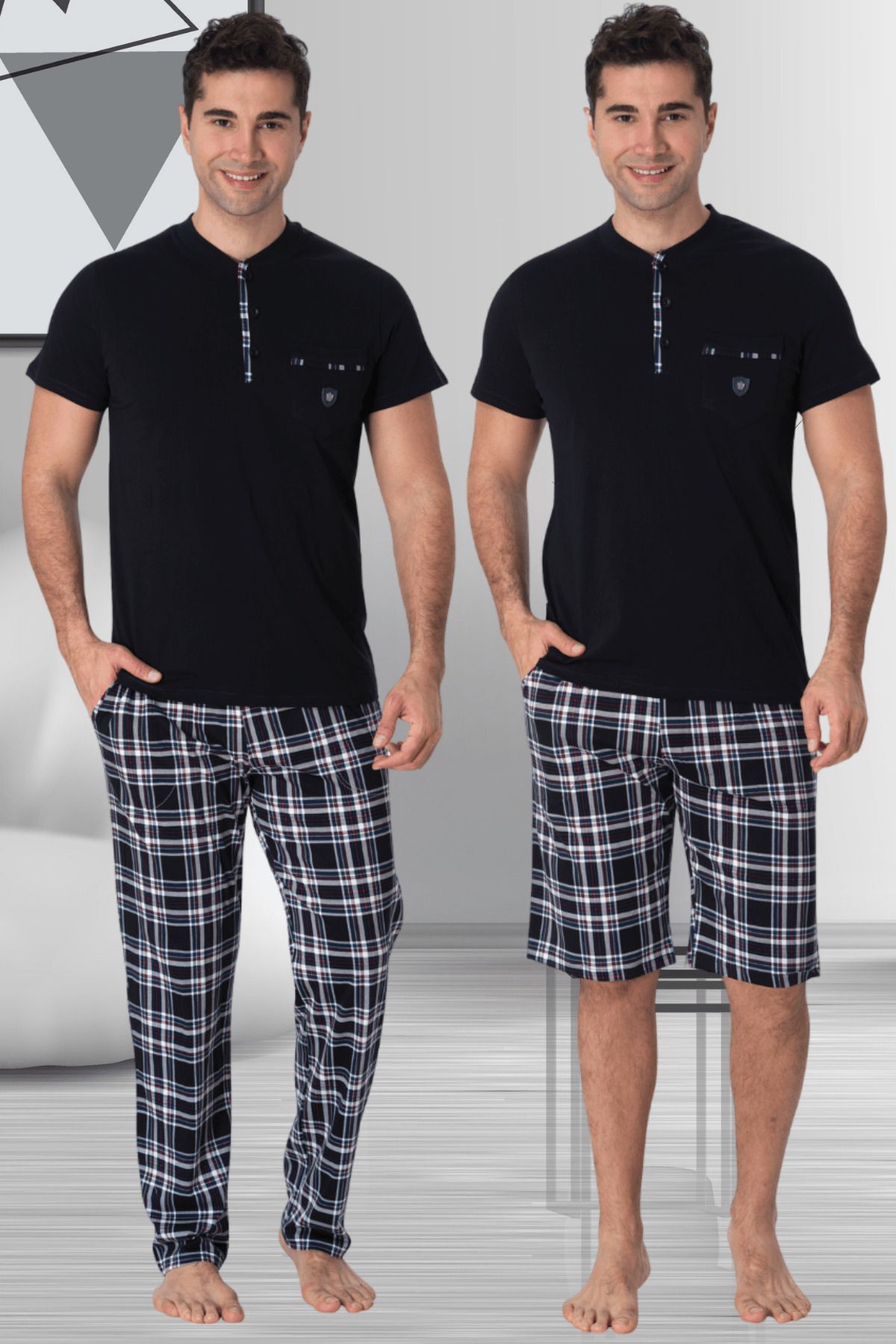 Mecit Pijama-طقم بيجامة رجالي مقاس كبير مكون من 3 قطع من القطن 100% منقوش باللون الأزرق الداكن من Mecit 2901 1