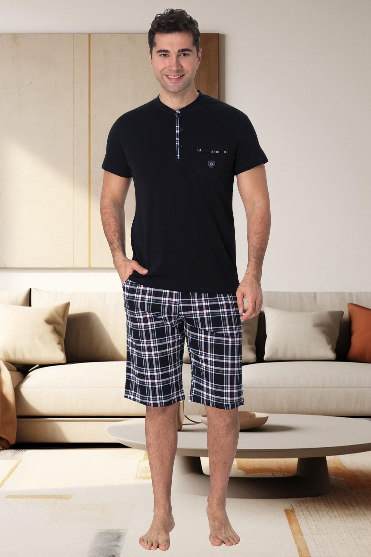 Mecit Pijama-طقم بيجامة رجالي مقاس كبير مكون من 3 قطع من القطن 100% منقوش باللون الأزرق الداكن من Mecit 2901 3