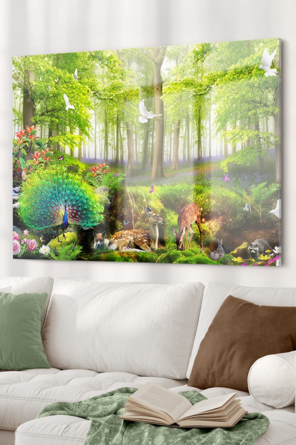 First Date Yeşil Orman Ve Hayvanlar | Doğa Temalı Cam Tablo | 50x70 Cm