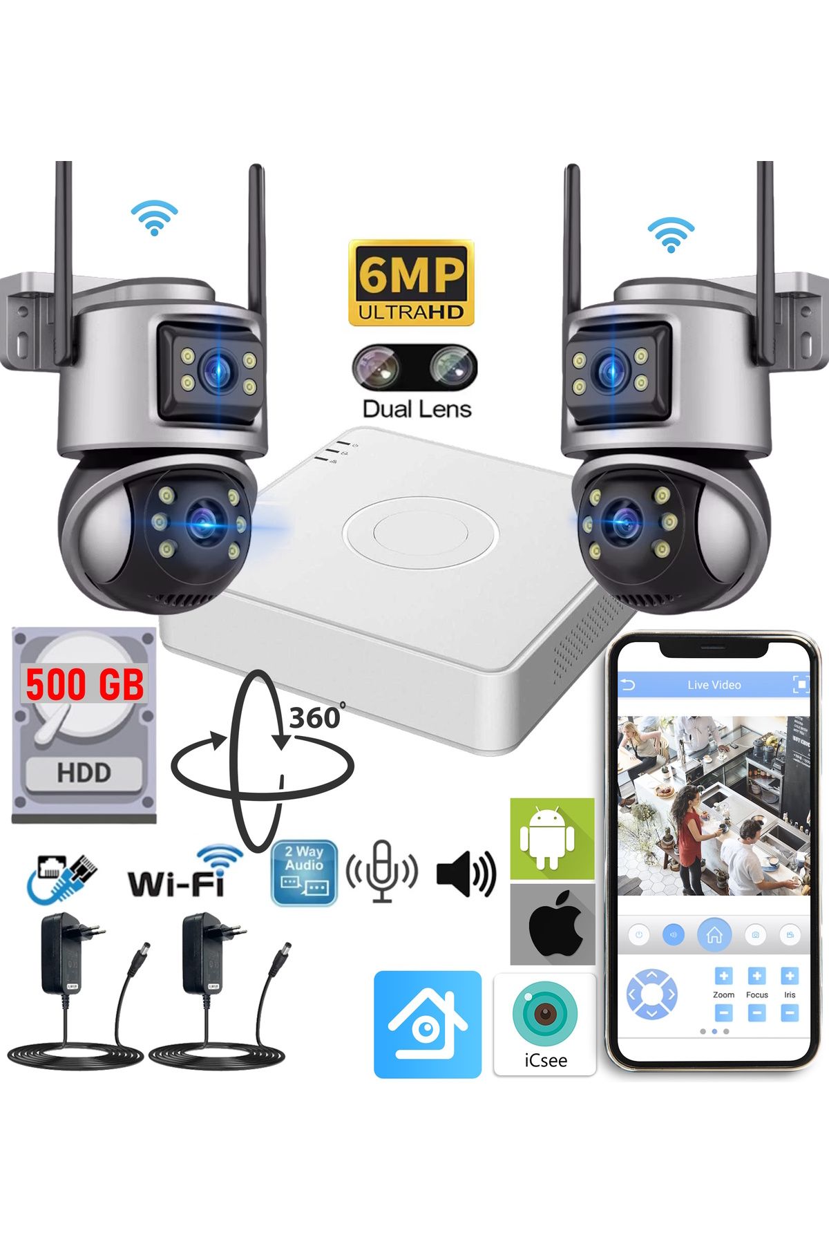 Ventus Akıllı Güvenlik Kamera Seti 2 (DUAL LENS) Wifi Akıllı Kamera 1tb Hdd Gece Görüş Waterproof Xmeye