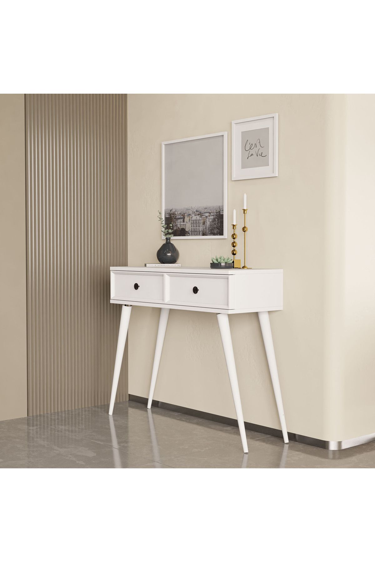 Mezza 6021 LUNA (AHŞAP AYAKLI) MDF PROFİL ÇERÇEVELİ 2 ÇEKMECELİ DRESUAR BEYAZ