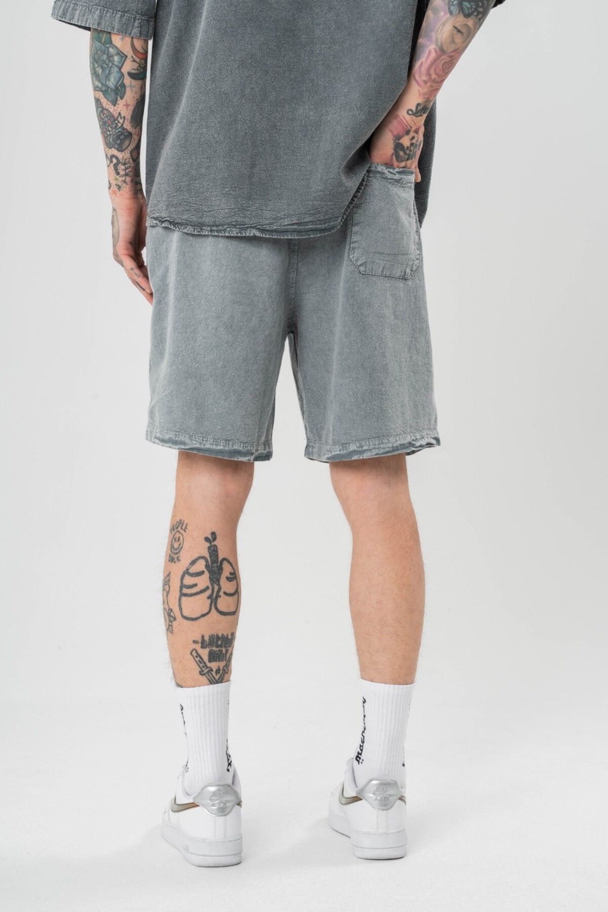 go gang own-Low Wash Waist Elastic Washed Linen Shorts 4
