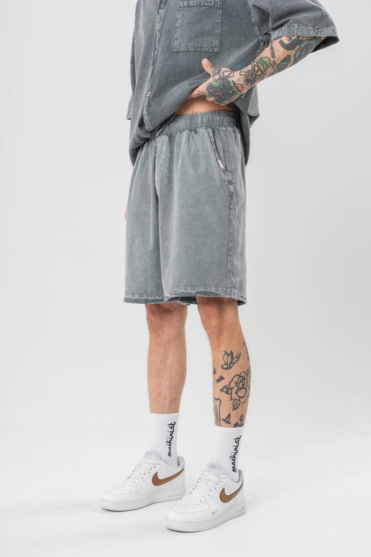 go gang own-Low Wash Waist Elastic Washed Linen Shorts 2