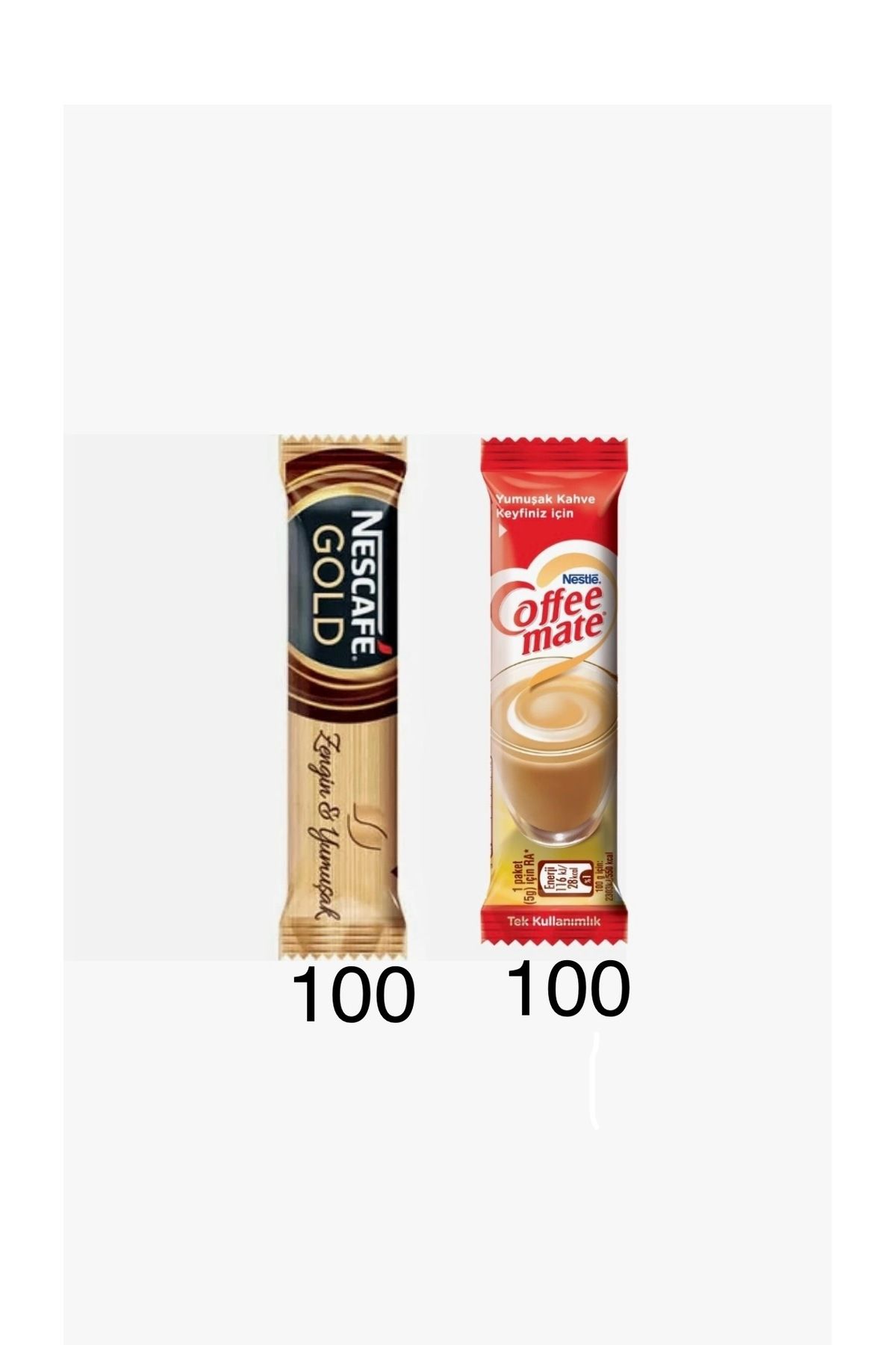 Nescafe Gold 2gr x 100 Adet, Coffe Mate 5gr 100 Adet. Tek içimlik hazır kahve çeşitleri.