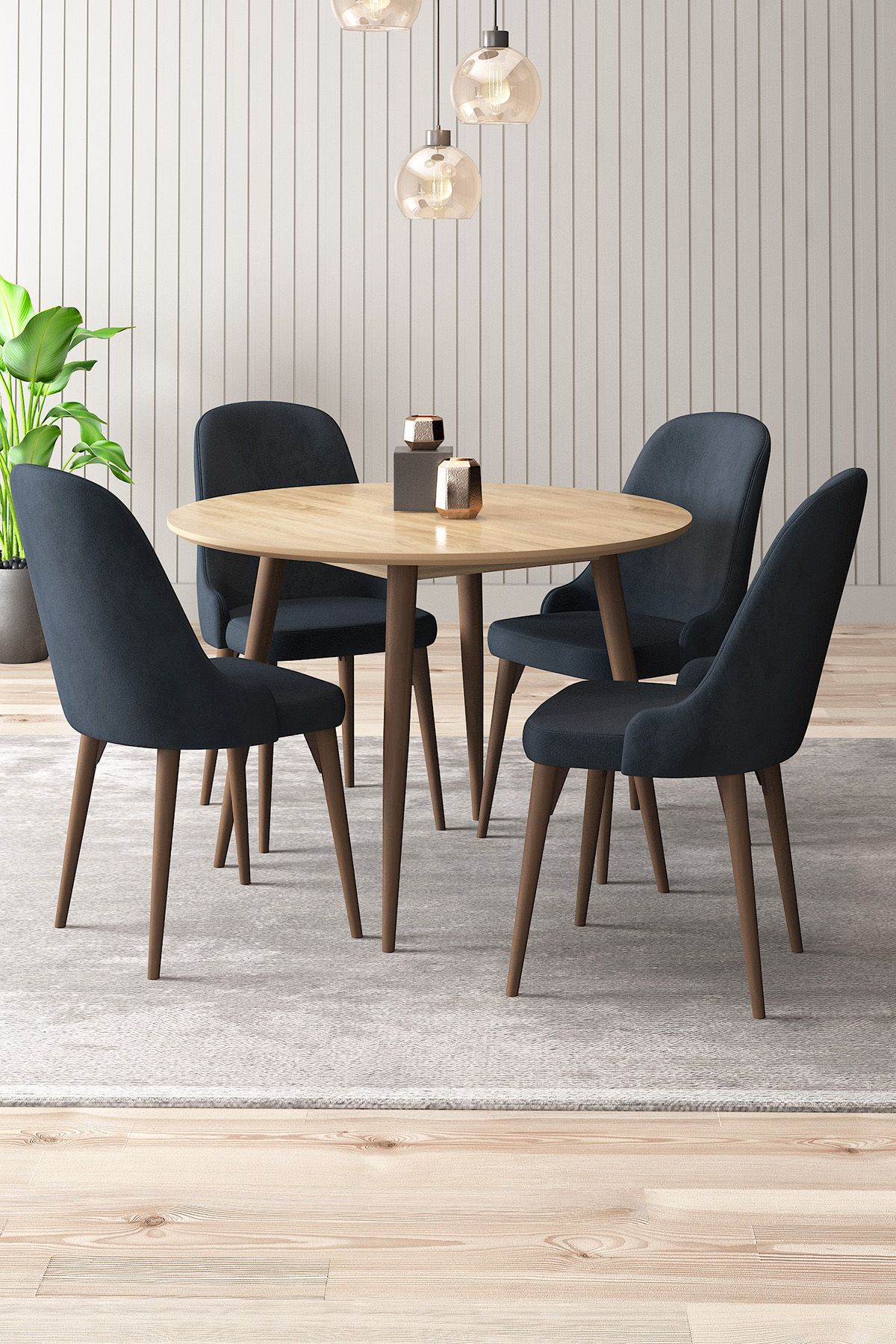 asaella mobilya Silvia 4 Sandalyeli Yuvarlak 90x90 Ceviz Ahşap Ayak MDF Mutfak Yemek Masası Takımı
