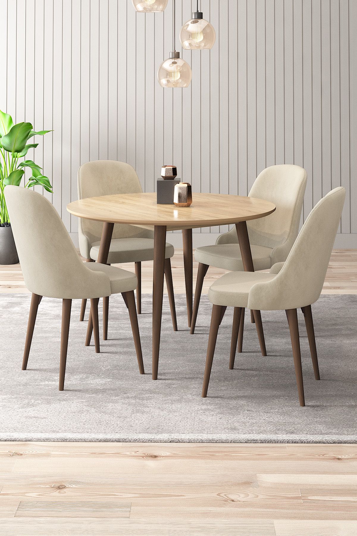 asaella mobilya Adel 4 Sandalyeli Yuvarlak 90x90 Ceviz Ahşap Ayak MDF Mutfak Yemek Masası Takımı