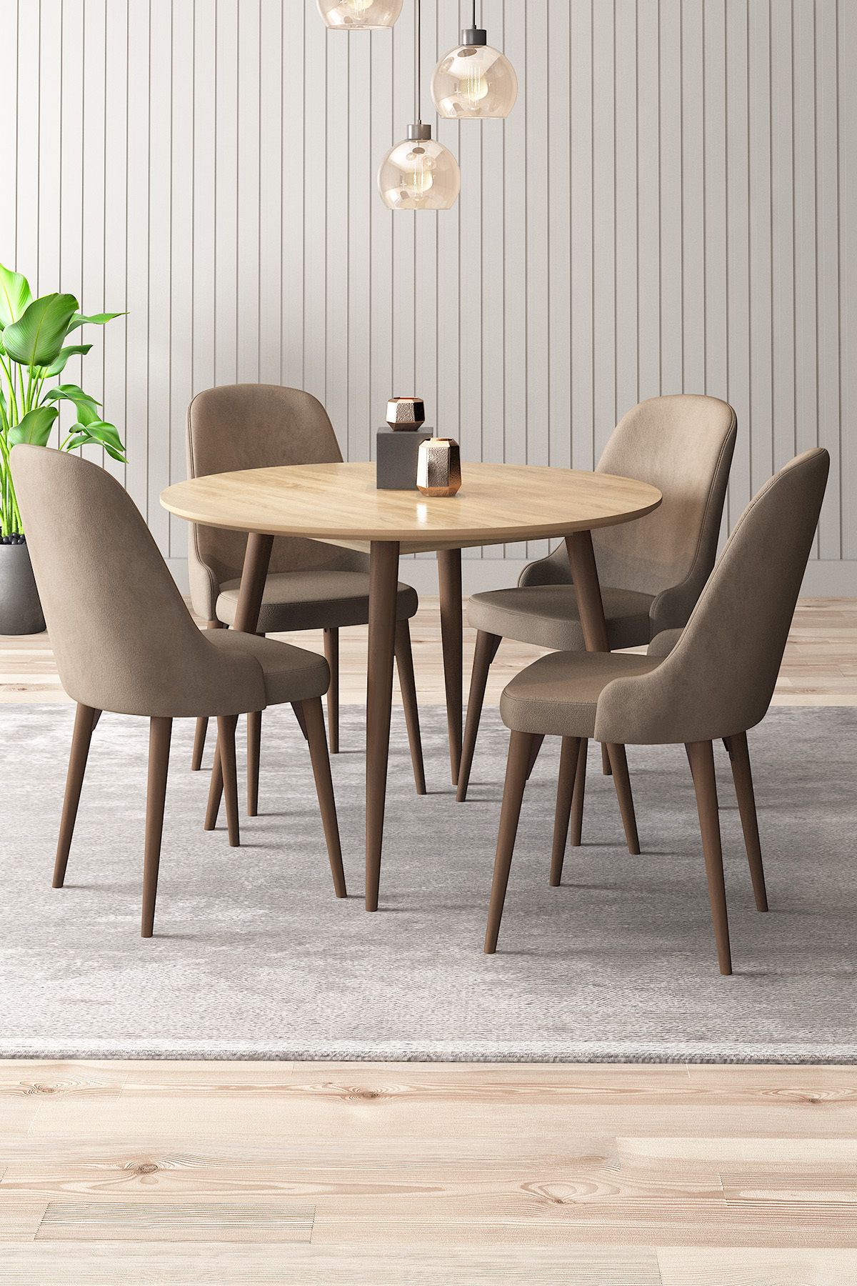 asaella mobilya Adel 4 Sandalyeli Yuvarlak 90x90 Ceviz Ahşap Ayak MDF Mutfak Yemek Masası Takımı