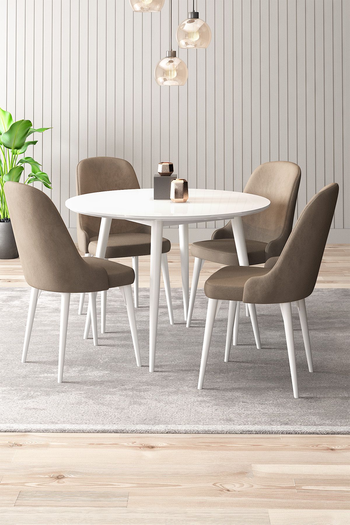 asaella mobilya Silvia 4 Sandalyeli Yuvarlak 90x90 Beyaz Ahşap Ayak MDF Mutfak Yemek Masası Takımı