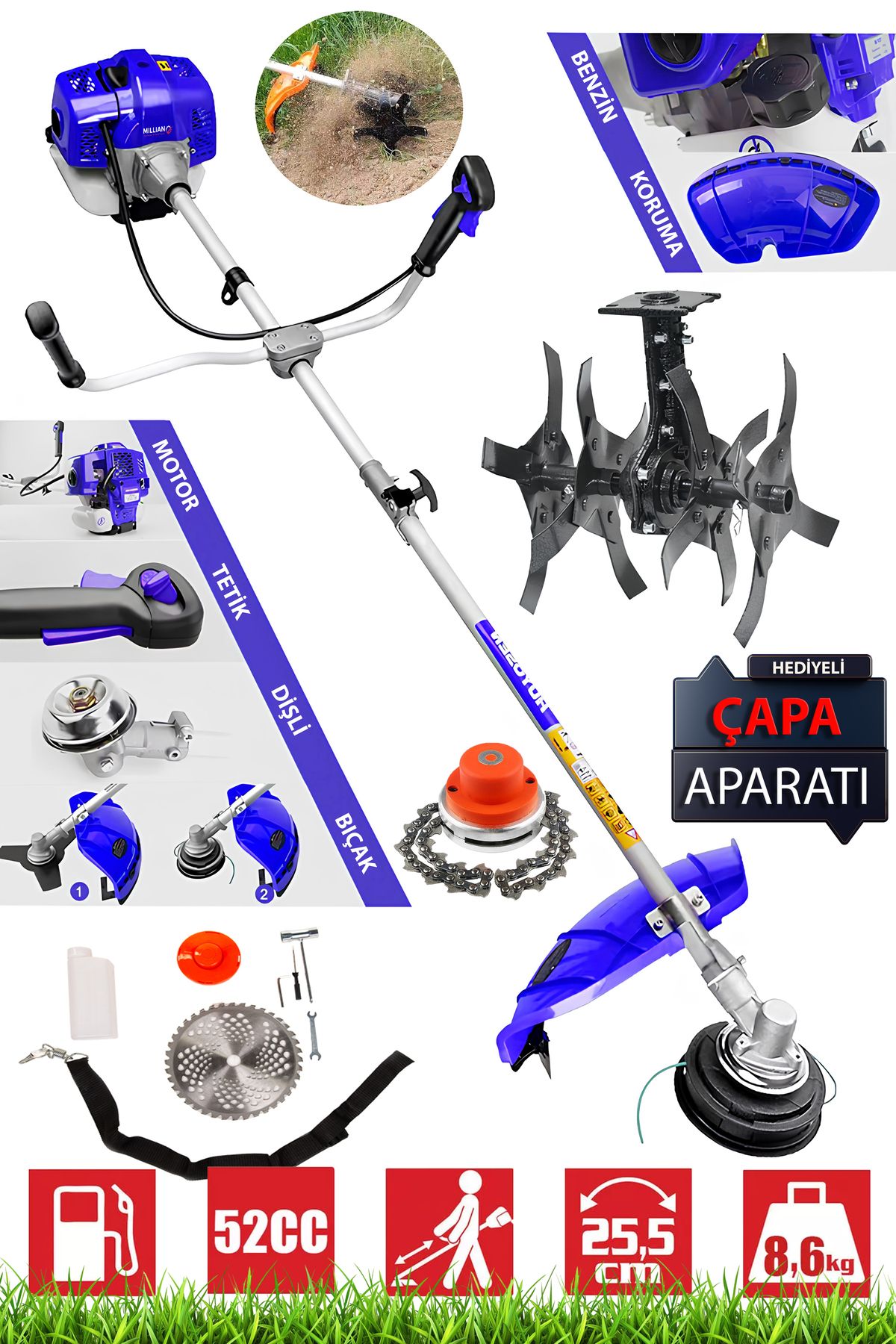 Millian 11.5 Hp Yan Tip Benzinli Motorlu Tırpan Çapalama - Canavar Başlığı Hediye Ot Çalı Çim Biçme Makinesi