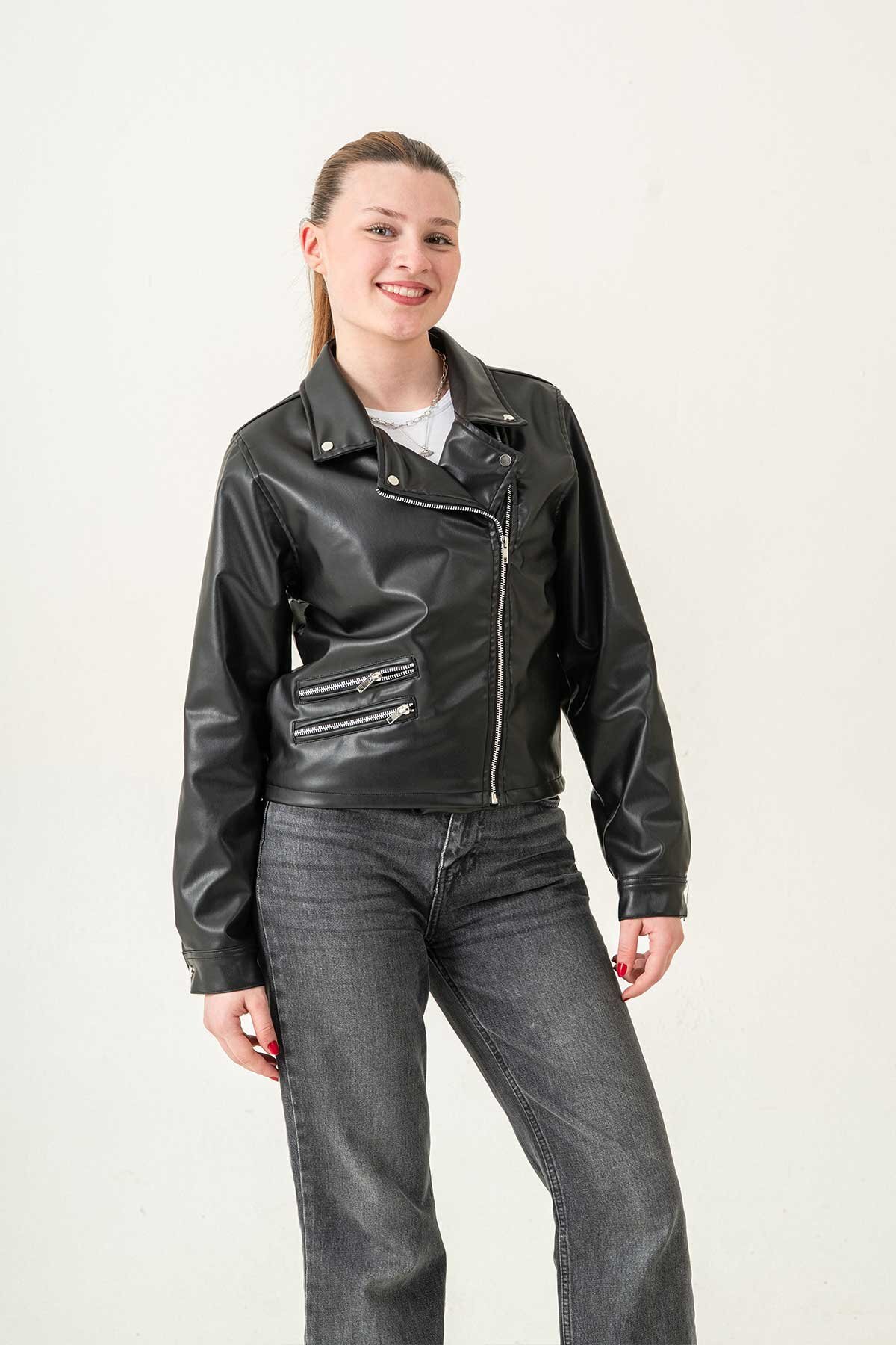 Gold Class Kidswear Fermuarlı Astarlı Çıtçıtlı Kol Kadın Deri Ceket görsel 4