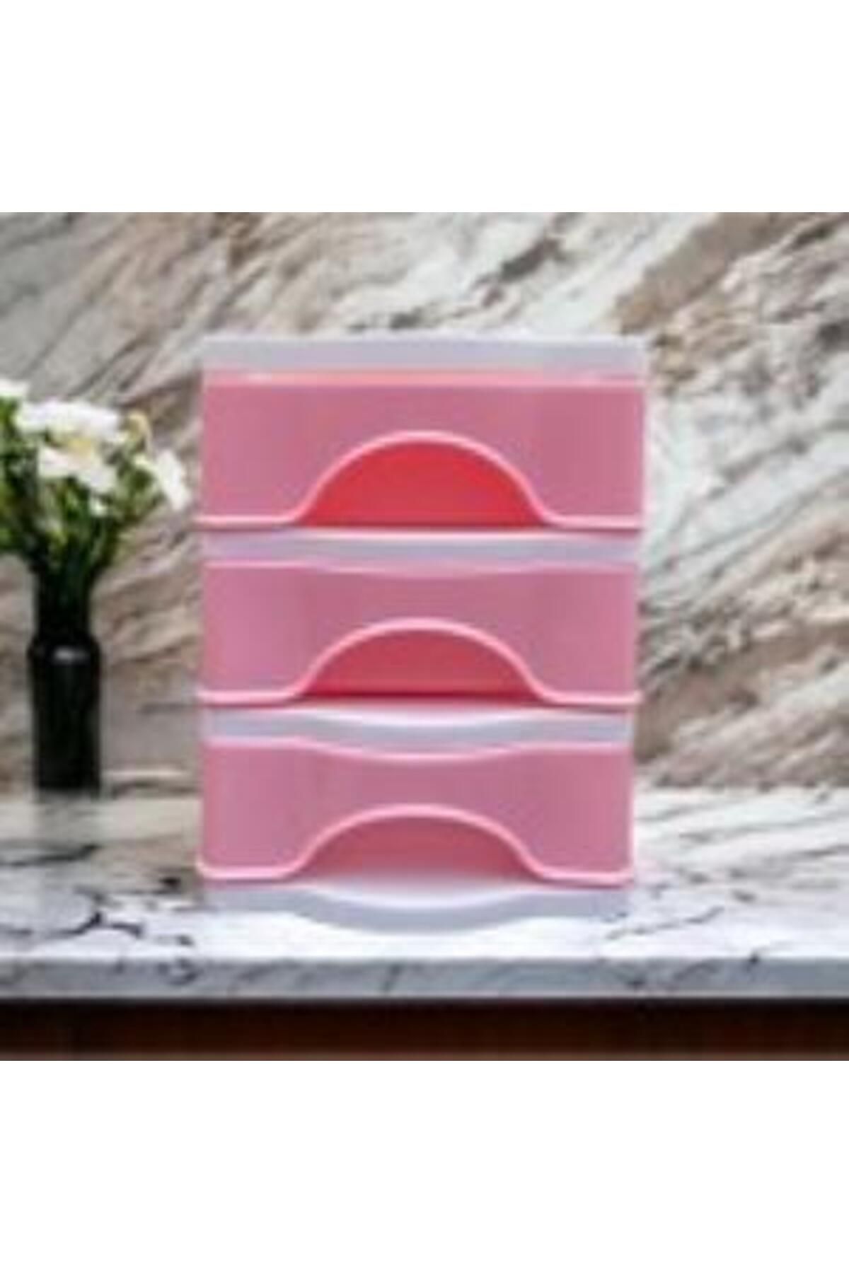 abnturk 3 Çekmeceli Masa Üstü Çekmece Sert Plastik / Organizer Fosforlu Seri - Pembe Renk