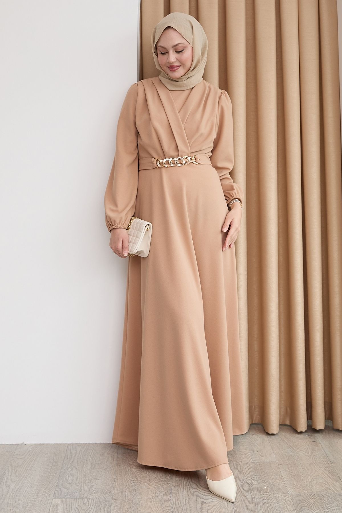 InStyle-Double Breasted Collar Chain Belted Camel Dress 4