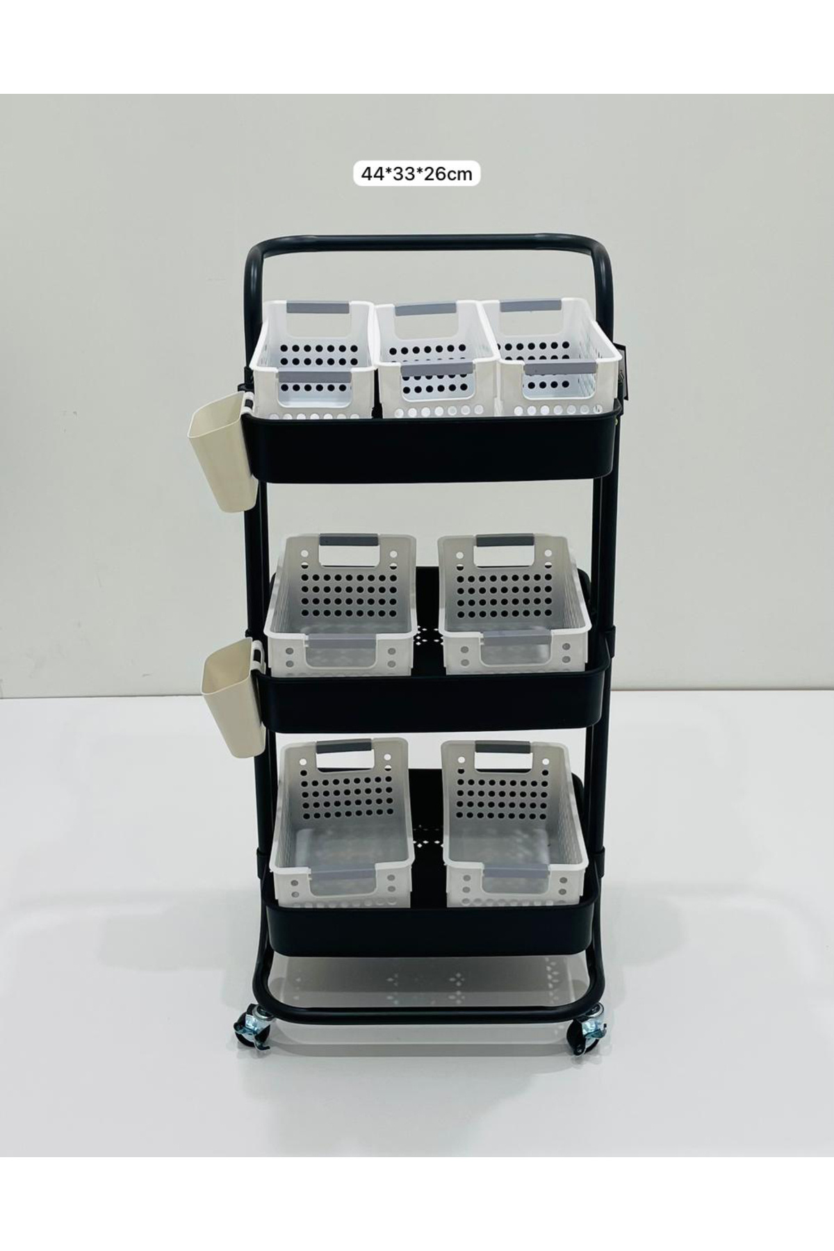 TrentonGCC-Three-Tier Black Metal Cart with Perforated Plastic Baskets 1