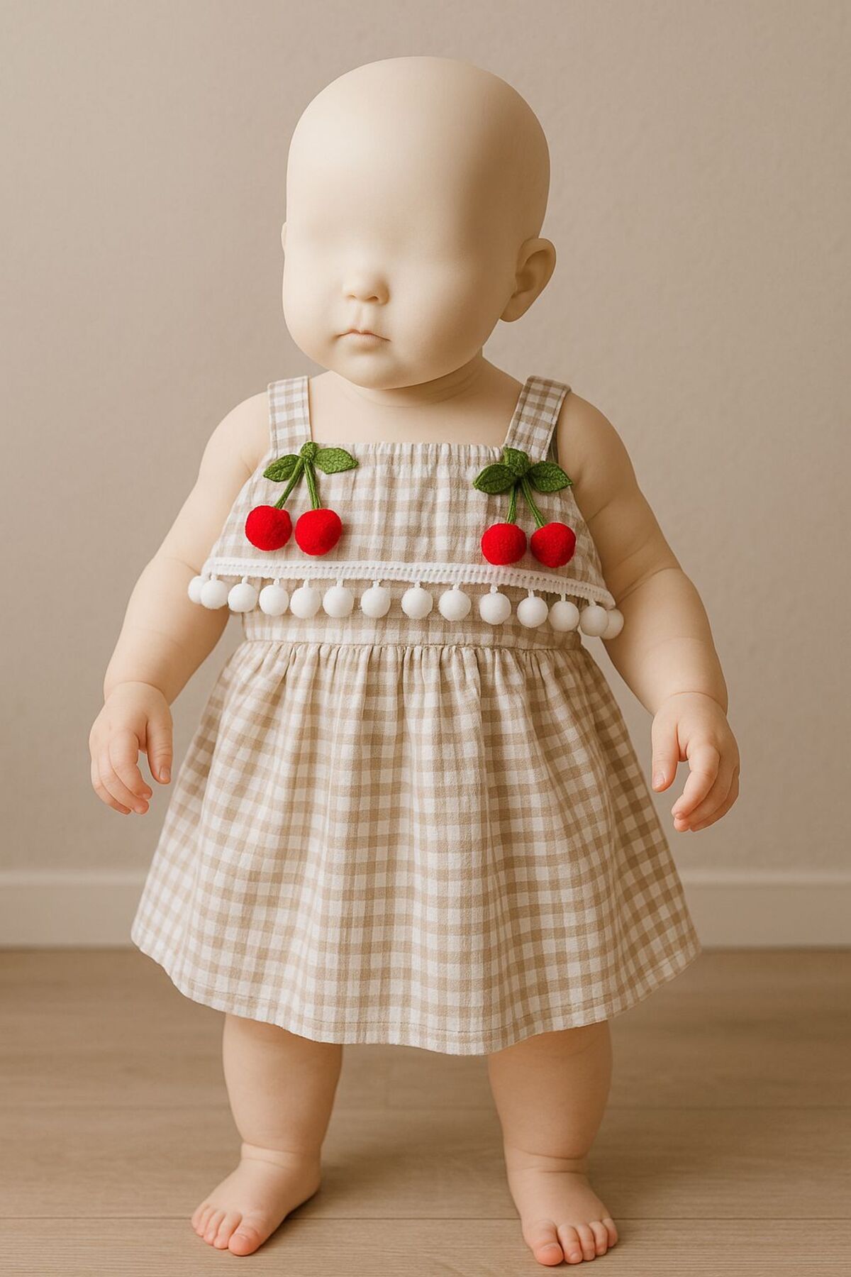 MİNYON BABY BEBEK ELBİSESİ KIZ YAZLIK KARELİ KİRAZ DETAYLI
