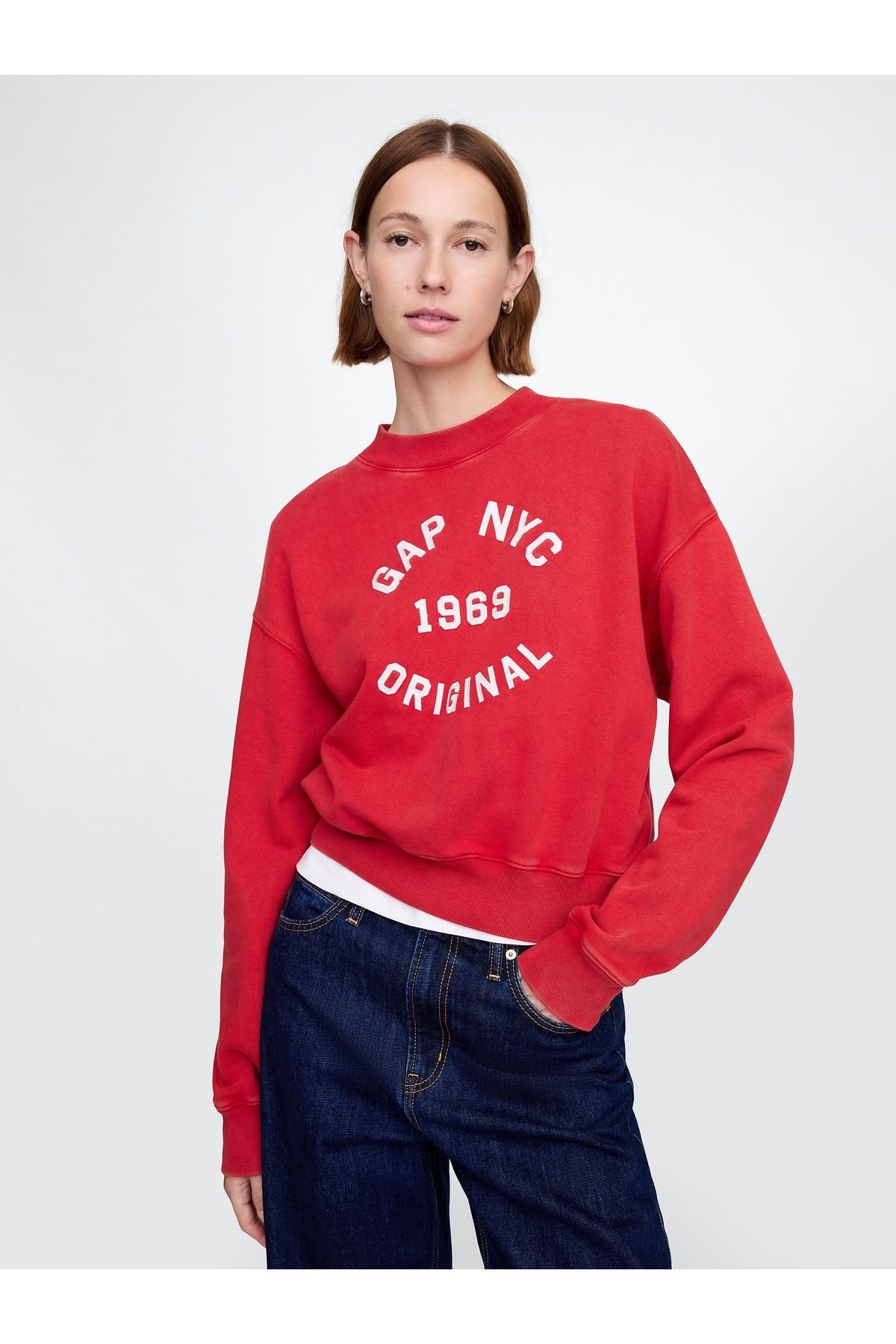 GAP Kadın Kırmızı Gap Logo Heavyweight Havlu Kumaş Crop Sweatshirt