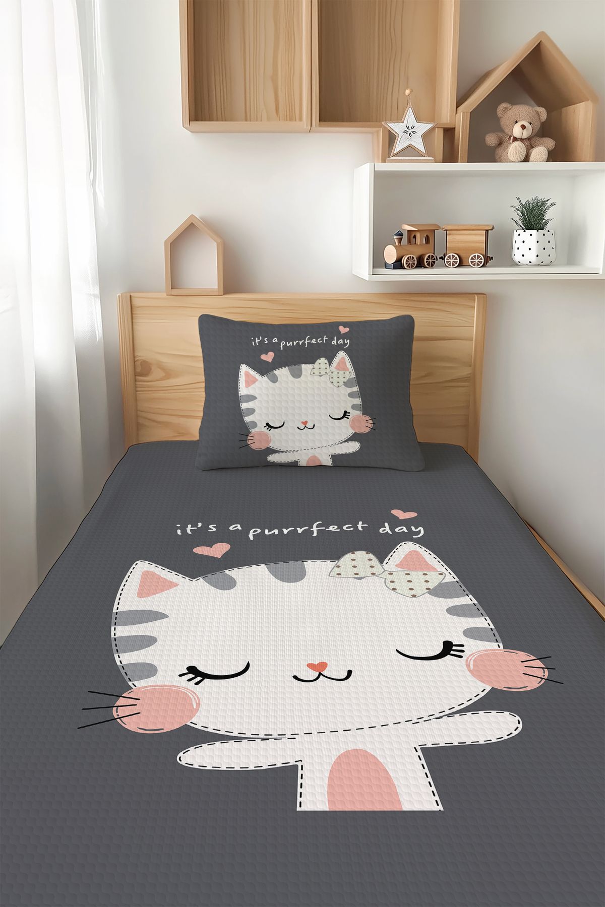 Talia Home-Cute Cat Patterned Single Child Pique Set Tlap-245 1