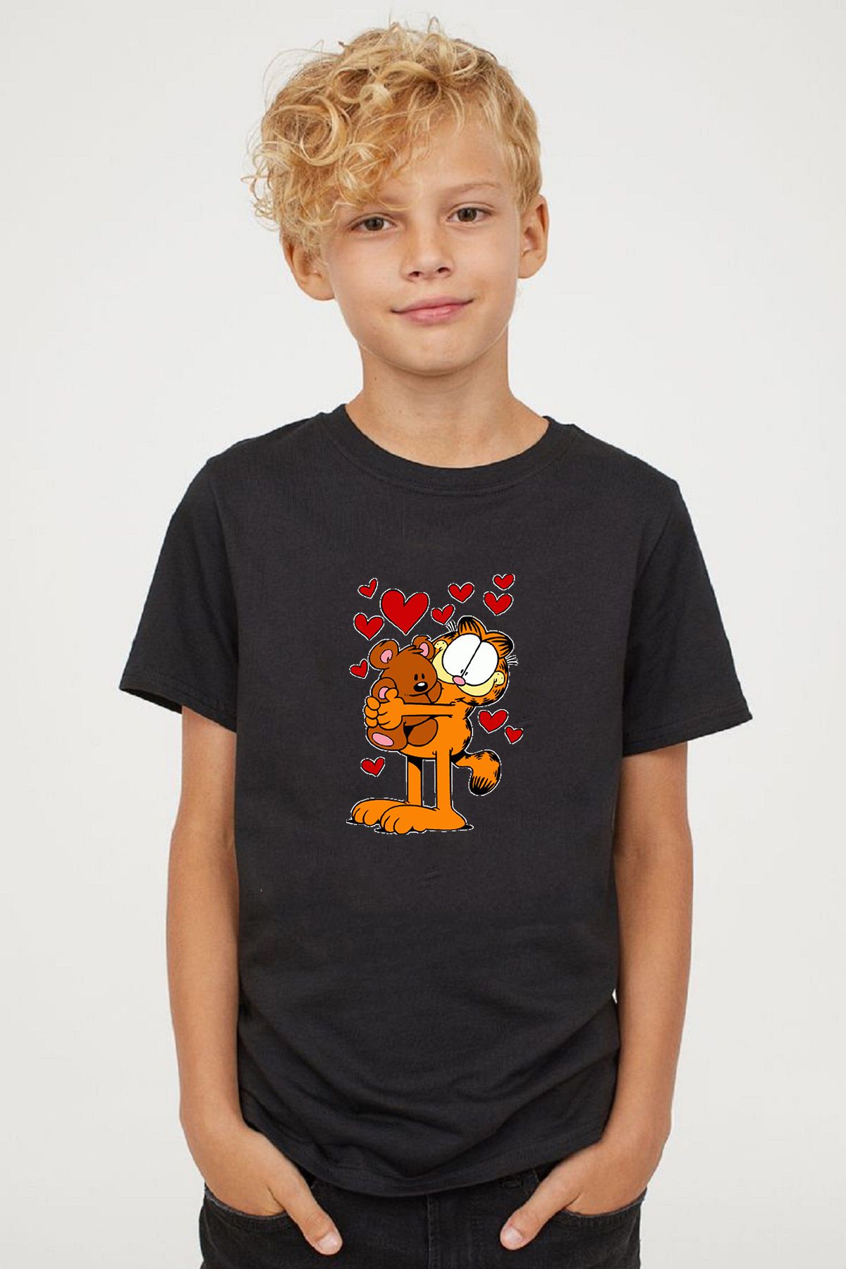 makiteks Kaliteli Pamuk Penye Erkek Kız Çocuk Baskılı Tshirt 5 6 7 8 9 10 11 12 13 14 yaş Garfield