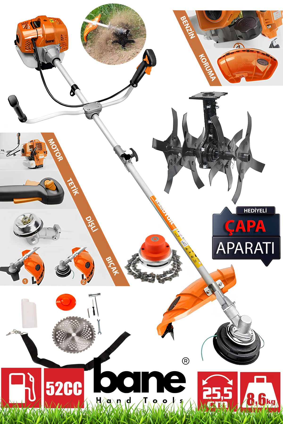BANE Orijinal 3.6 Hp Yan Tip Benzinli Motorlu Tırpan (Çapalama Aparatı Hediye) Ot Çalı Çim Biçme Makinesi