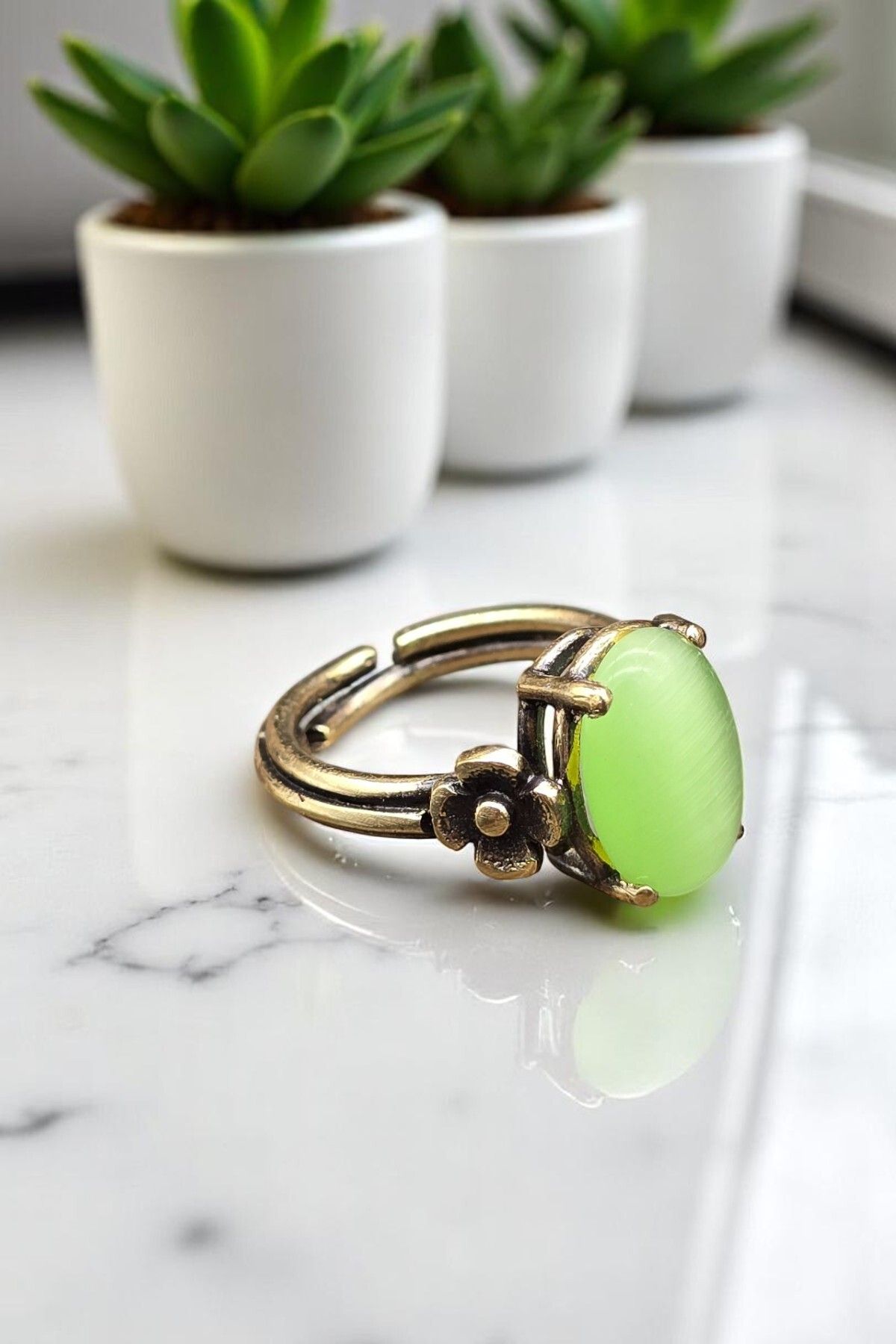 NBS Beautiful Naturel Stones-Women's Copper Green Cat's Eye Stone Ring Adjustable Trend (Gift, Birthday, Daily) 2