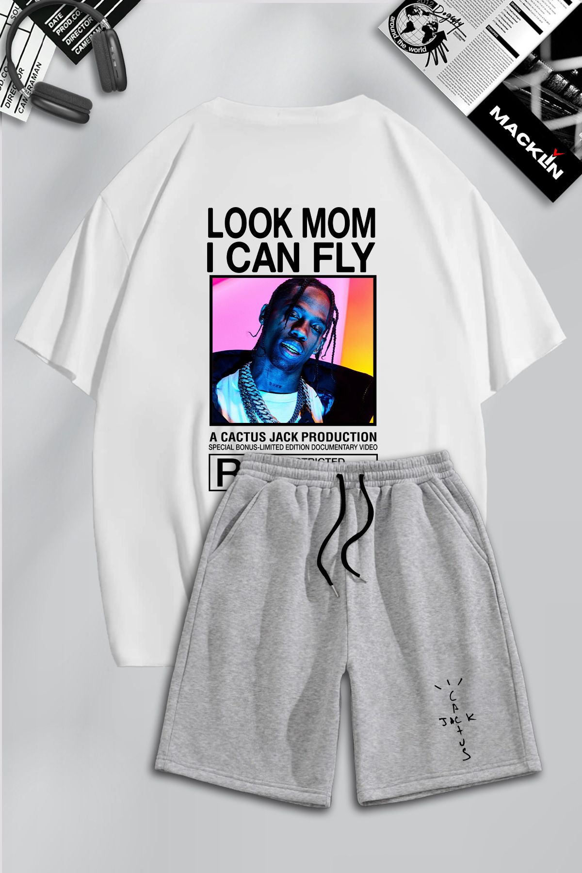 macklin Unisex Erkek Kadın Travis Scott & Cactus Jack Baskılı Özel Tasarım Oversize Tshirt Ve Şort Takım