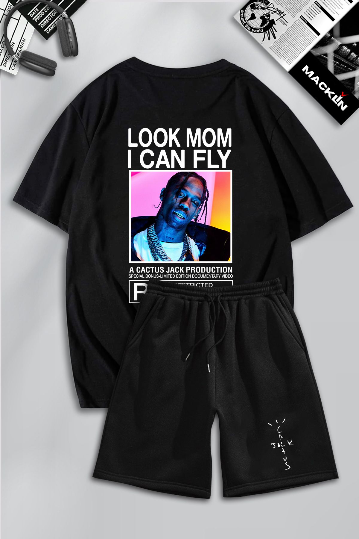 macklin Unisex Erkek Kadın Travis Scott & Cactus Jack Baskılı Özel Tasarım Oversize Tshirt Ve Şort Takım
