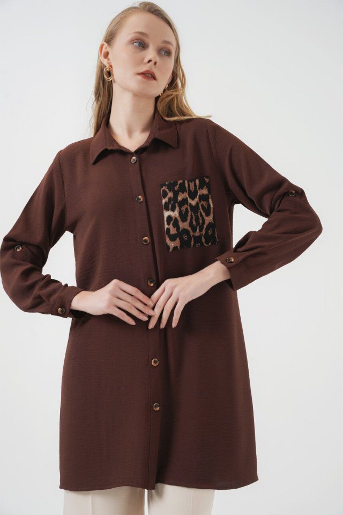 ASFSTORE 5851 Cep Detaylı Gömlek Tunik - Kahverengi