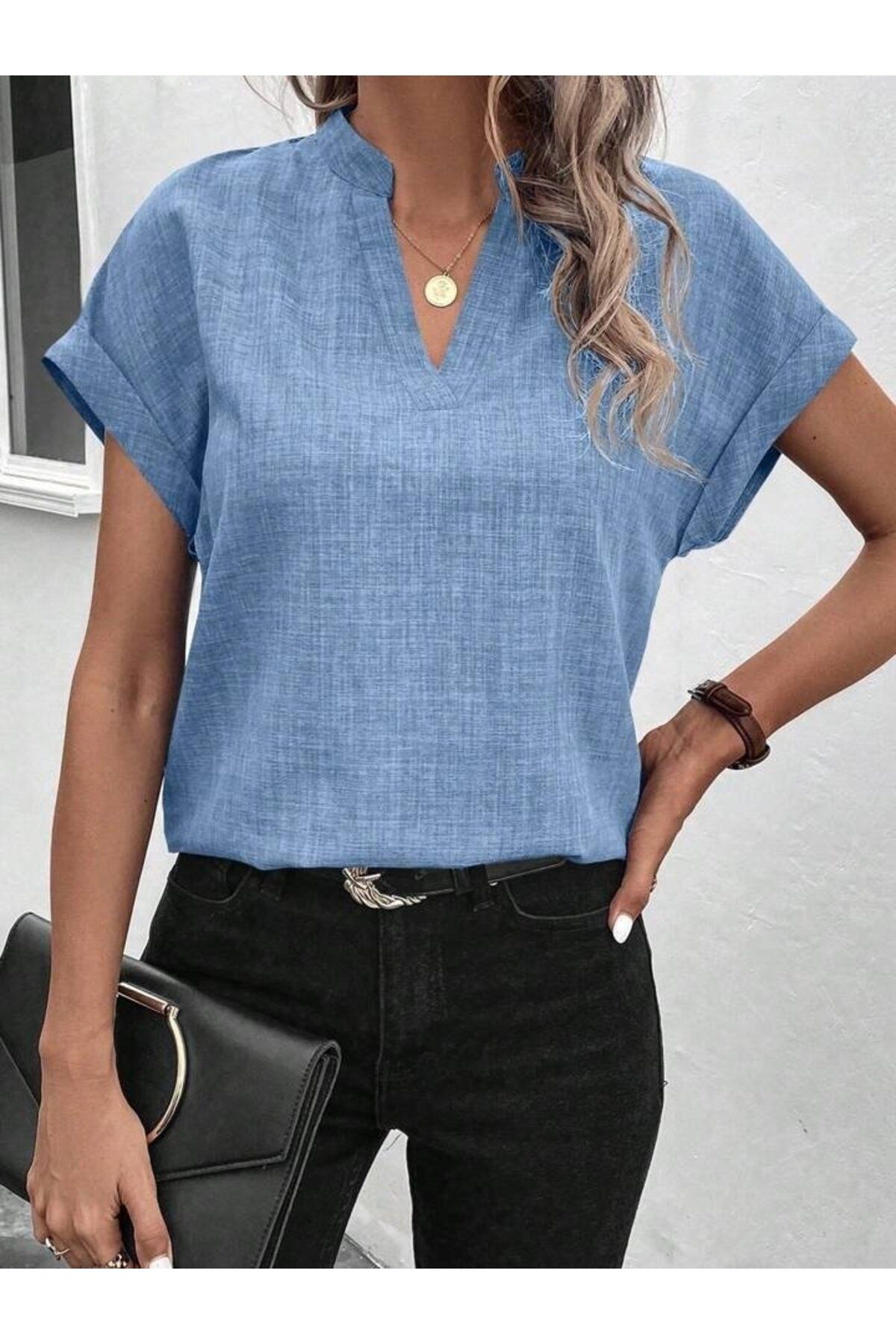 velmorafashion Kadın Kısa Kollu Hakim Yaka Sofya Bluz