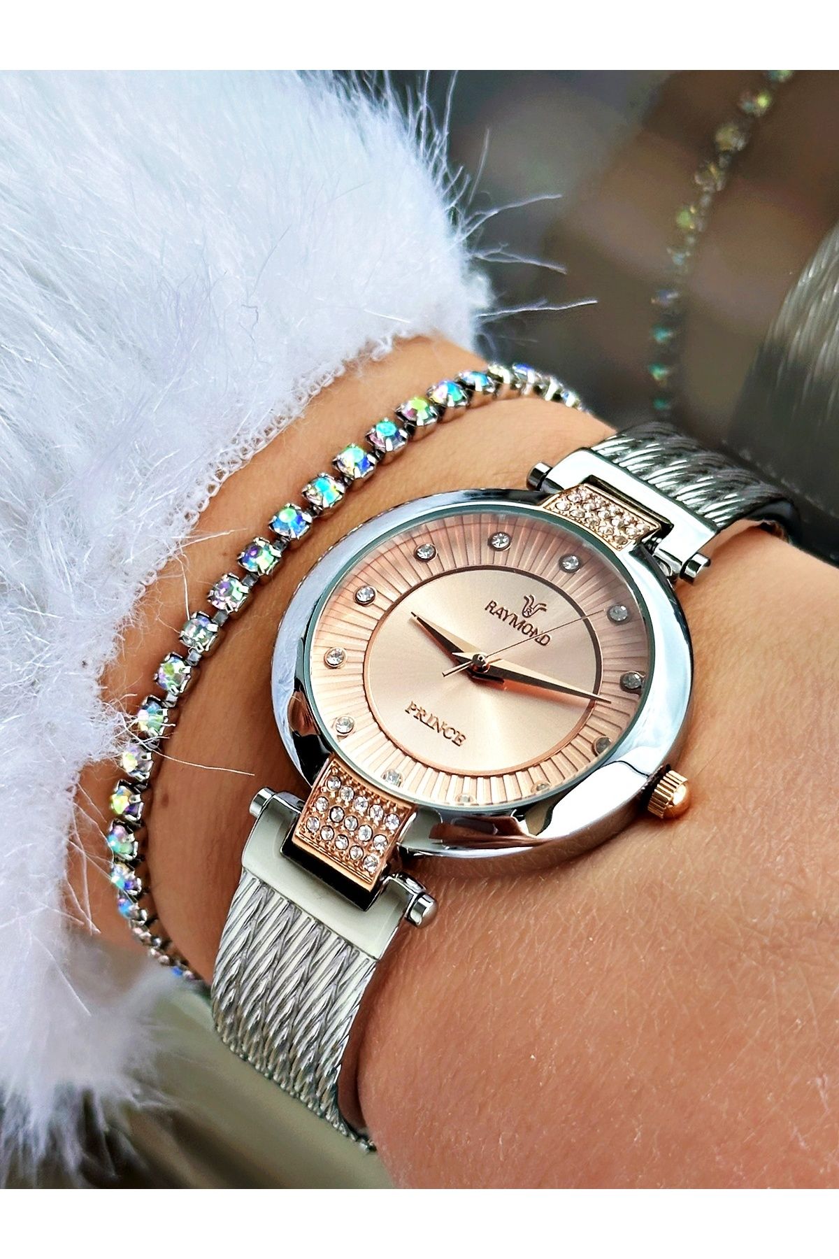 Raymond Rose Gold Taşlı Fantazi Çelik Model Kadın Kol Saati +BİLEKLİK