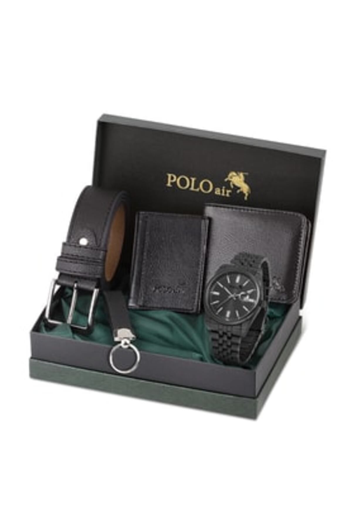 Çelik Polo Air Erkek Kol Saati Klasik Model Cüzdan Kemer Kartlık Anahtarlık Kombin PL-0859E (Siyah)