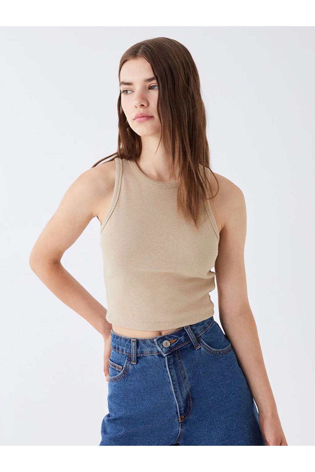 LC Waikiki LCW Vision Bej Kadın Bisiklet Yaka Düz Crop