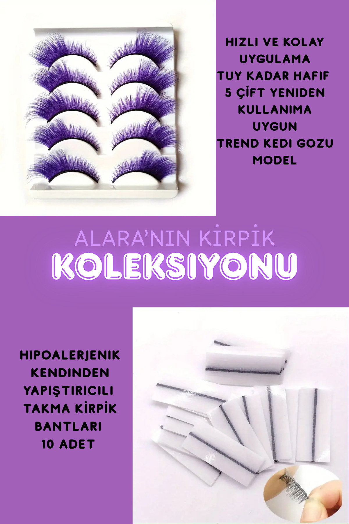 RENKLİ TAKMA KİRPİKLER 5 ÇİFT MOR CAT EYE'S ÇAPRAZ STİLLER +10 ADET YAPIŞTIRICI ŞERİT — PURPLEALARA5 — تصویر 4 از 5