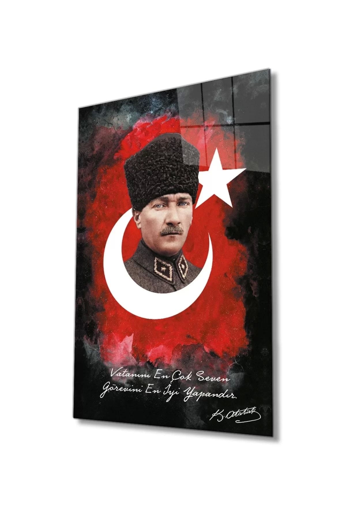 ÖYKÜ VE YİĞİT Vatanını En Çok Seven Görevini En İyi Yapandır Atatürk Türk Bayrağı Cam Tablo, Ev Ofis Duvar Dekoru