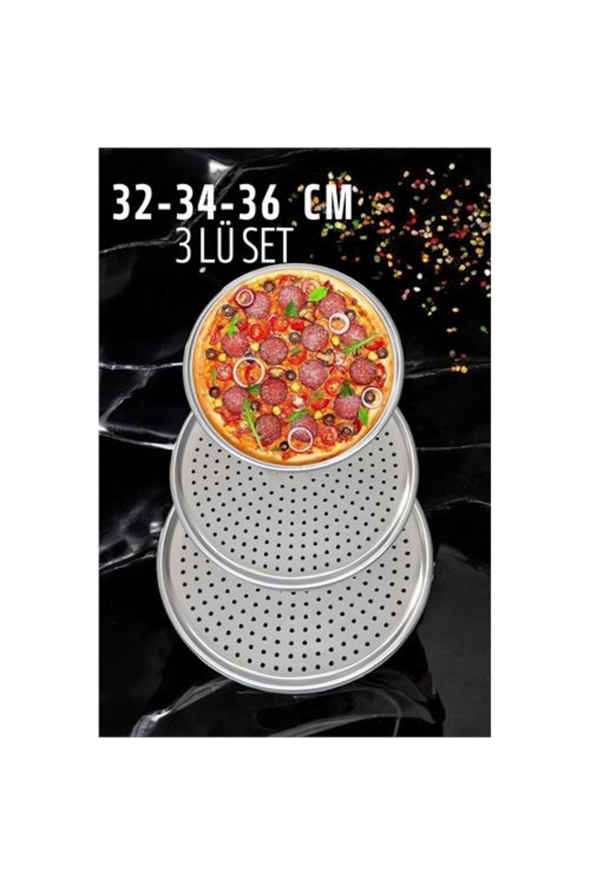 karadağsb Delikli Pizza Lahmacun Tepsisi Çelik 32-34-36 Cm 3 Lü Set