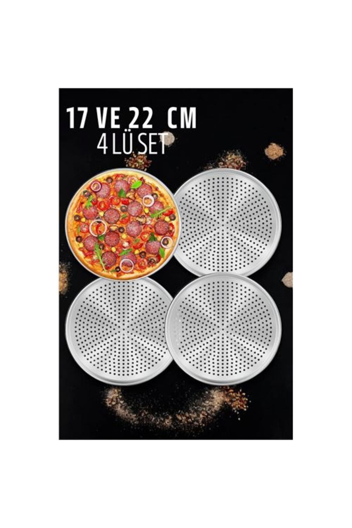 karadağsb Delikli Pizza Lahmacun Tepsisi Çelik 17 Ve 22 Cm 4 Lü Set