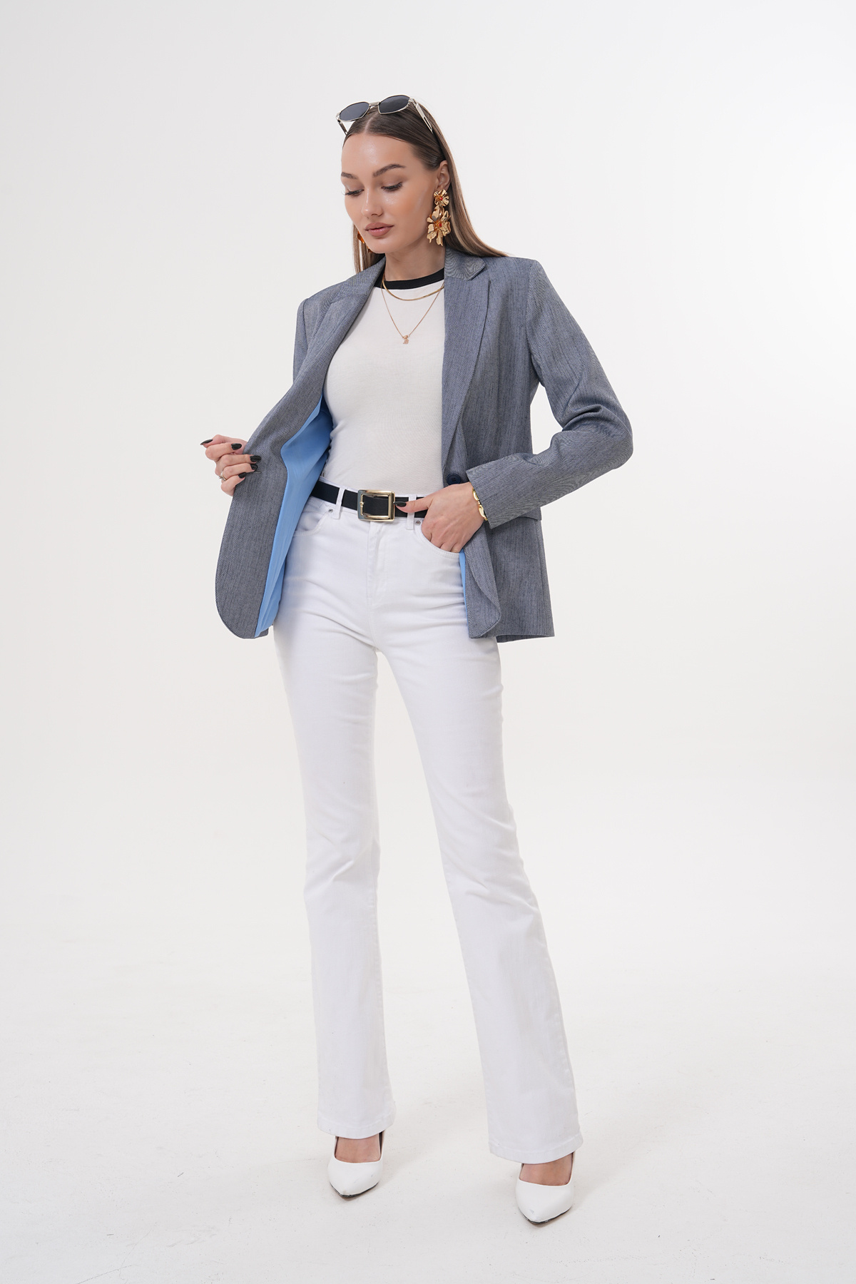 nisya-Women's Dark Striped Blue Jacket with Pocket Detail 3