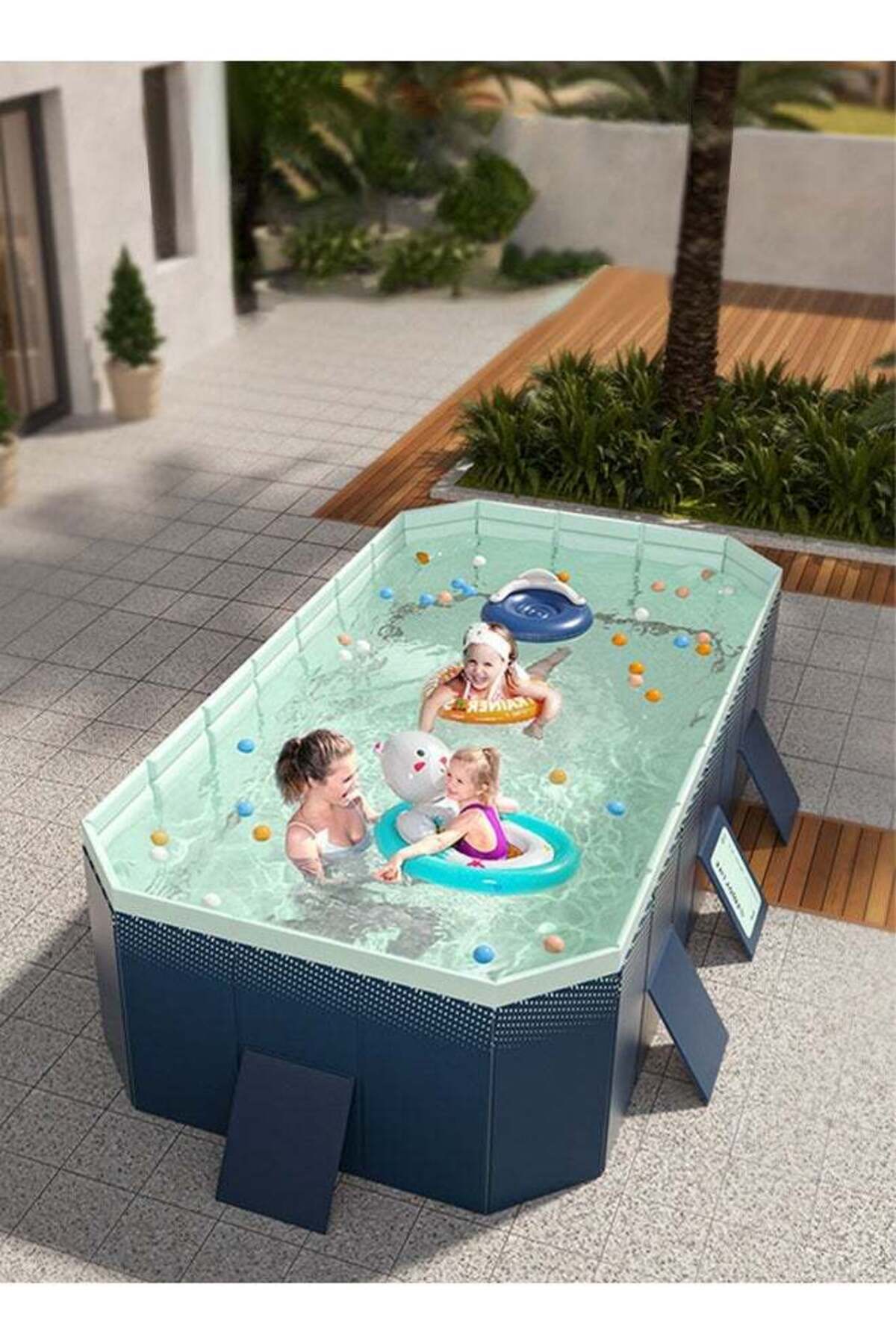 COOYA-2.6m foldable non-inflatable swimming pool,triangular support,double drain,for family use,blue 1