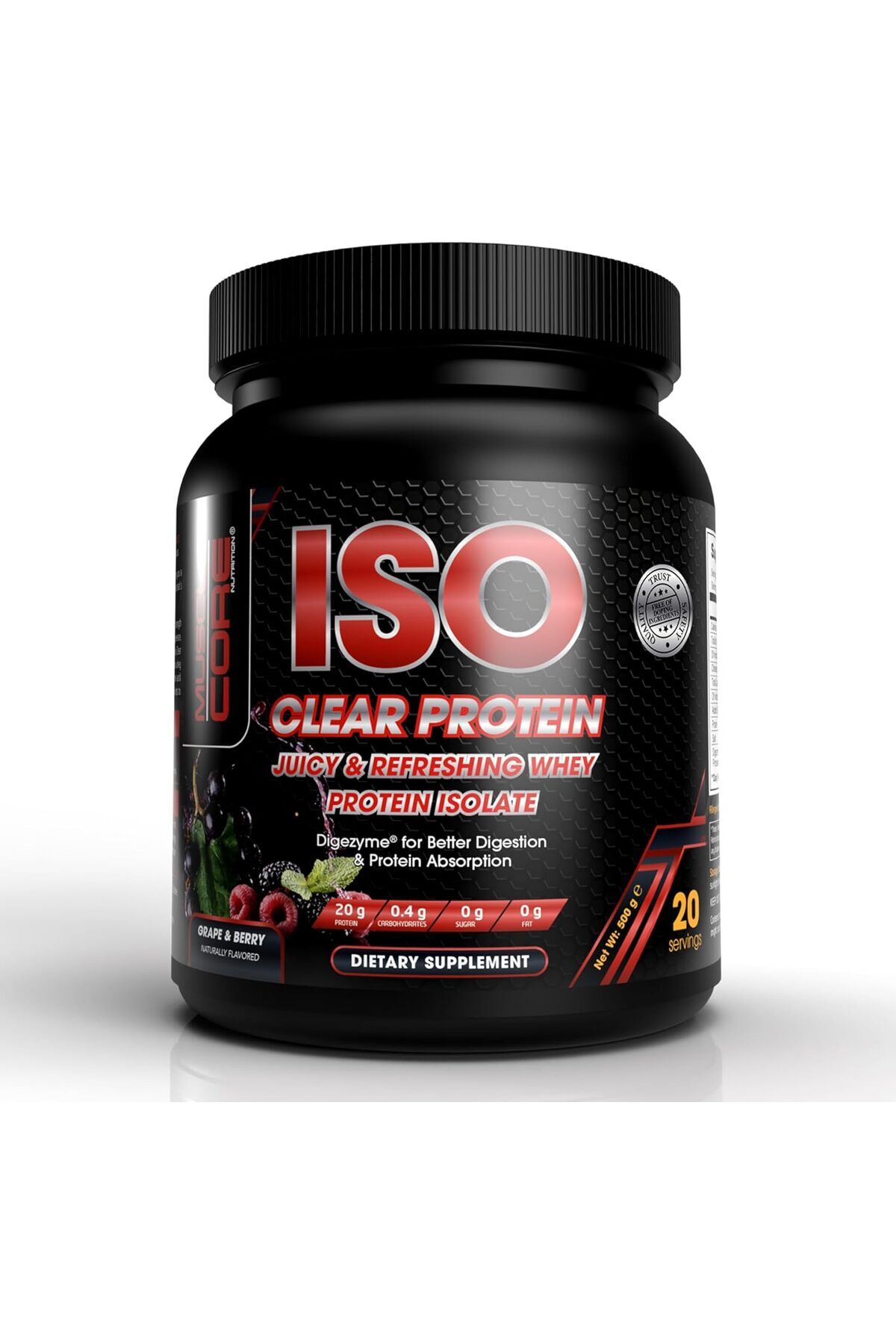 Muscle Core Nutrition-Muscle Core ISO Clear Whey Protein Isolate with Digezyme Digestive Enzymes - Grape & Berry Flavour - 1