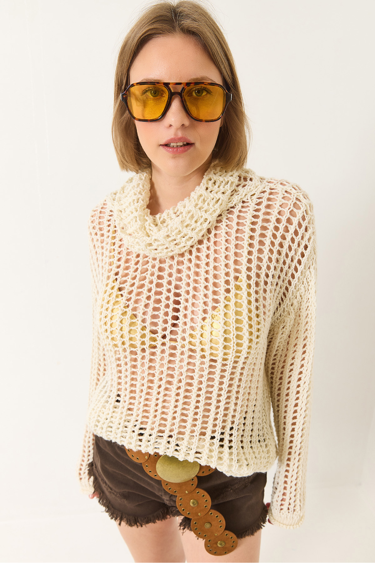 Bianco Lucci-Women's Collared Oversize Long Sleeve Openwork Blouse 20251029 3