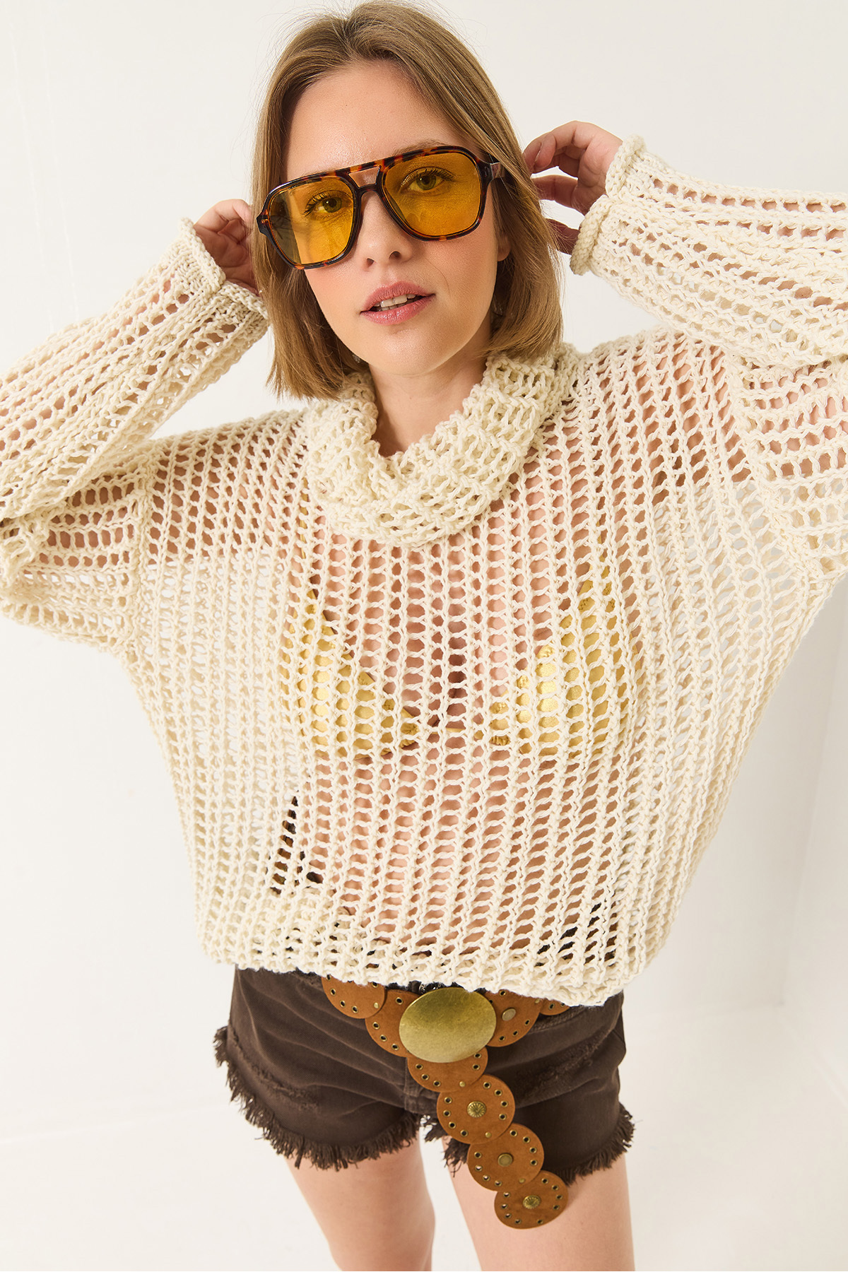 Bianco Lucci-Women's Collared Oversize Long Sleeve Openwork Blouse 20251029 4