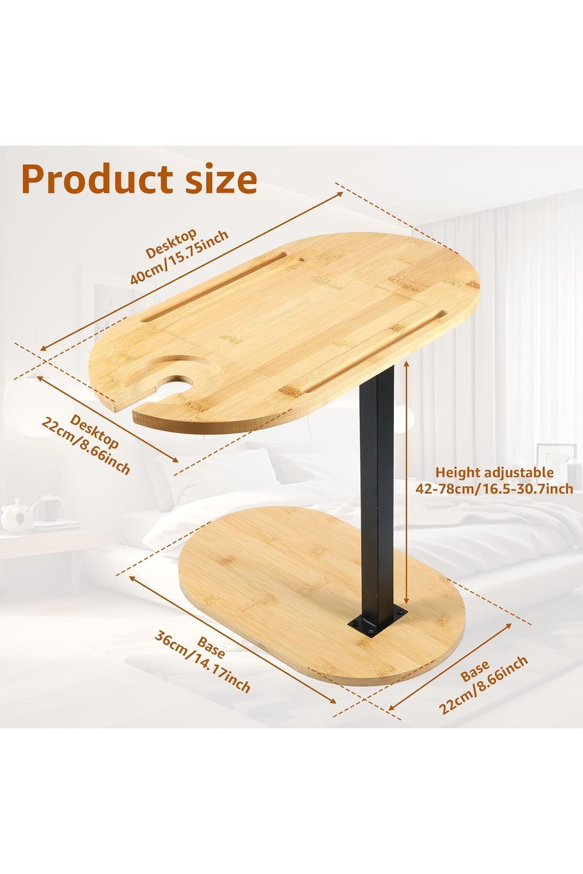 COOYA-C Shaped Round End Table, Snack Table, 360° Rotating Sofa Side Table Height Adjustable End Table 2