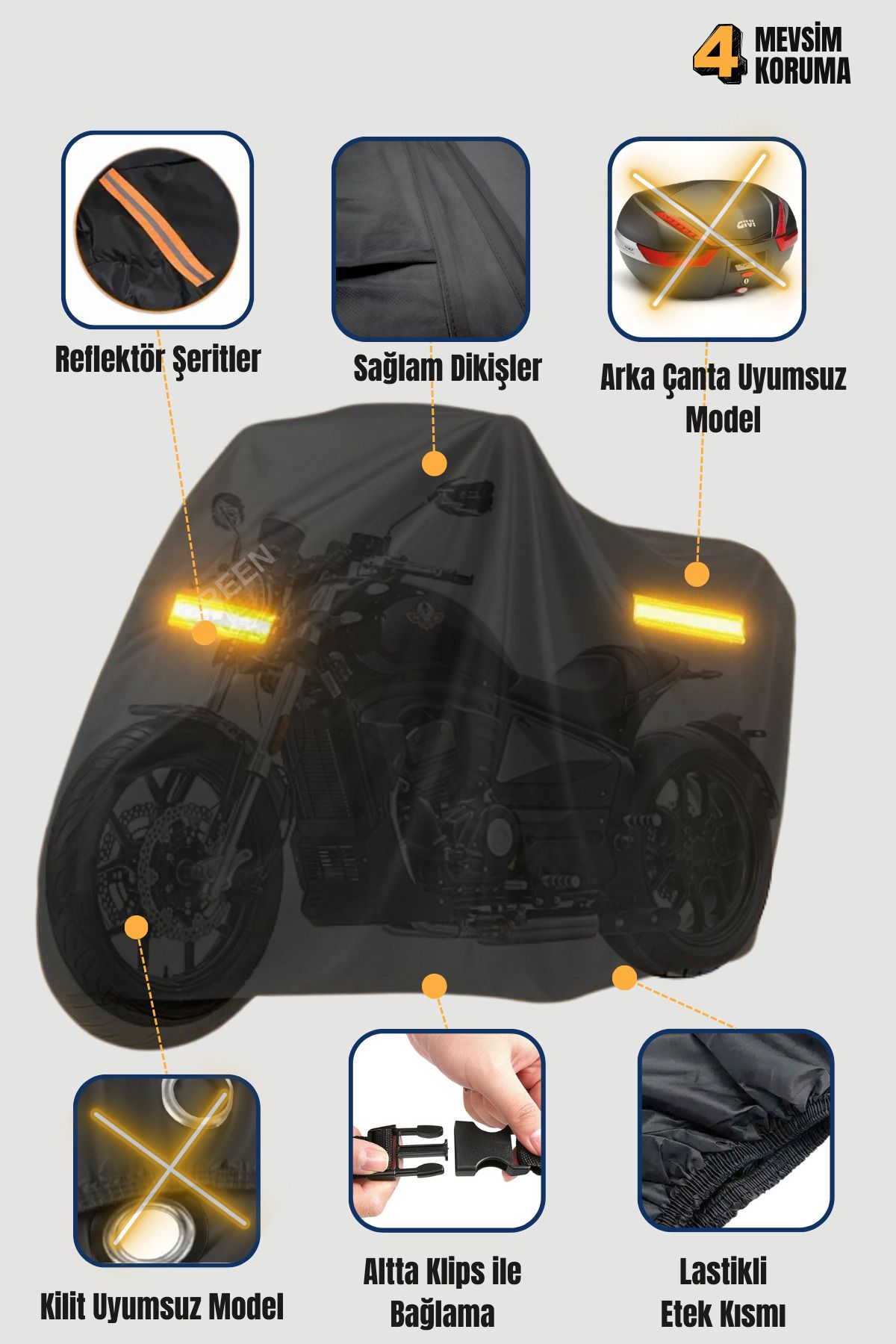 cemku Honda Forza 250 Reflektörlü Motosiklet Brandası, Motor Örtüsü, Su