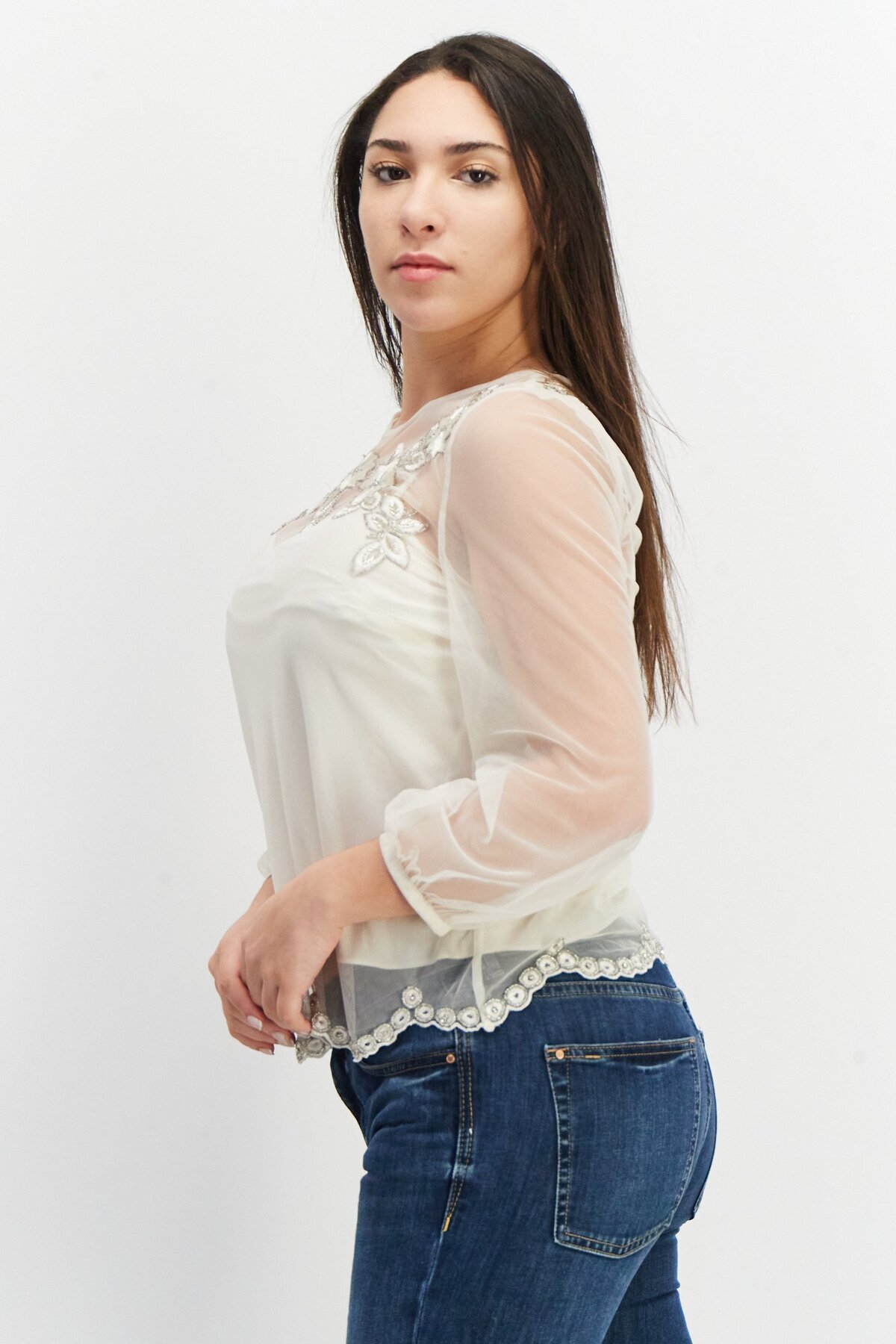 French Connection-Women Crew Neck Long Sleeve Textured Top, Classic Cream 3