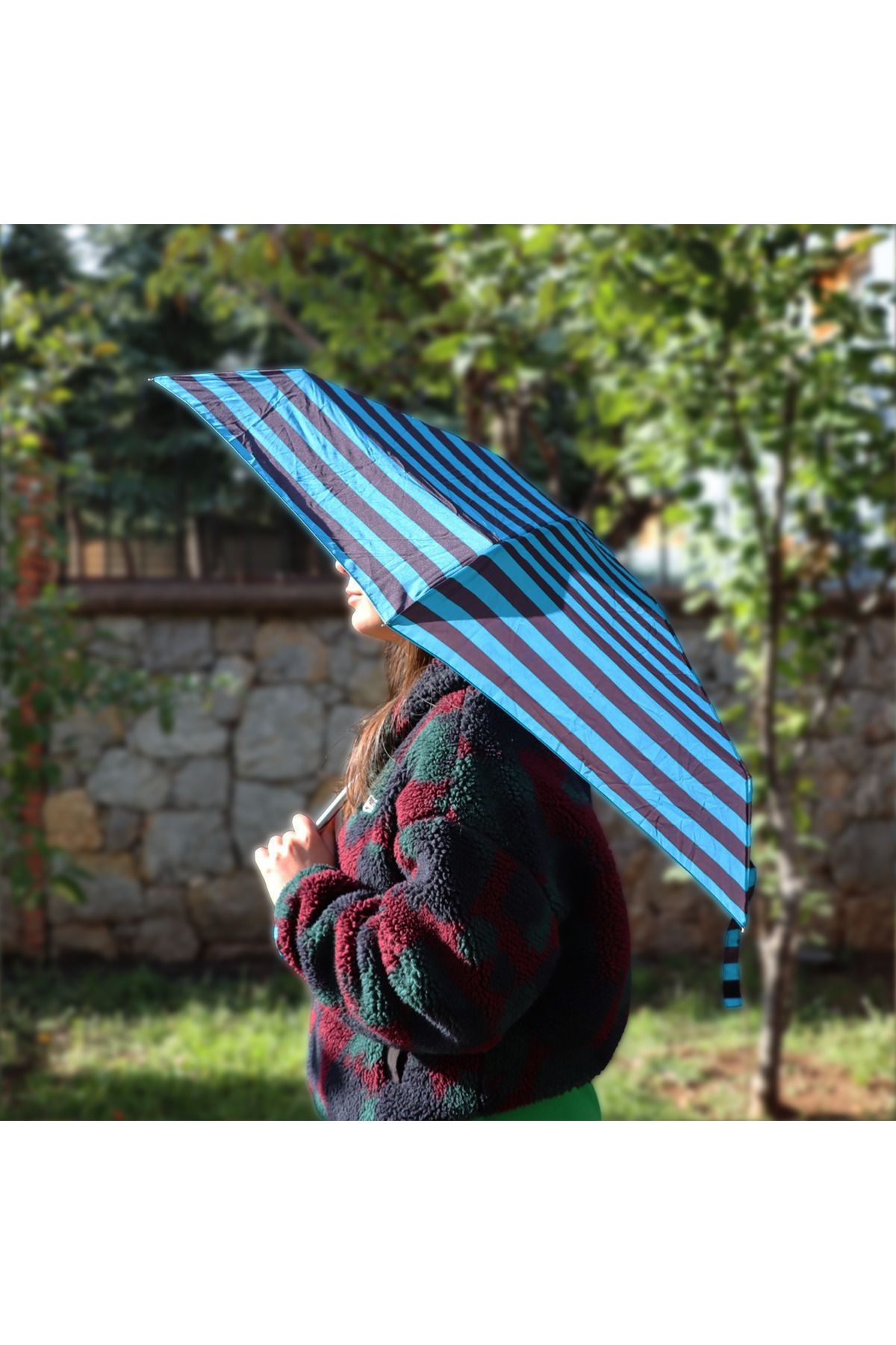 Biggdesign-Biggdesign Moods Up Mini umbrelă cu dungi negre, verzi 6