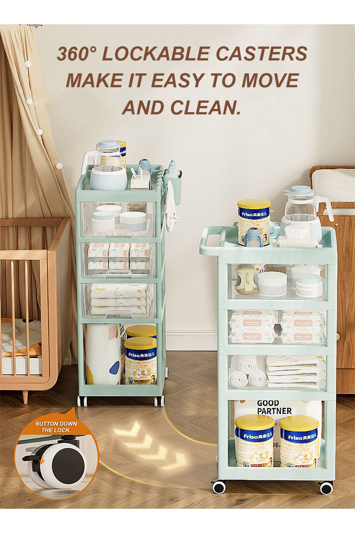 Yeya-Multifunctional Baby Trolley Storage Shelf For Supplies, Movable Four-Drawers Shelves 4