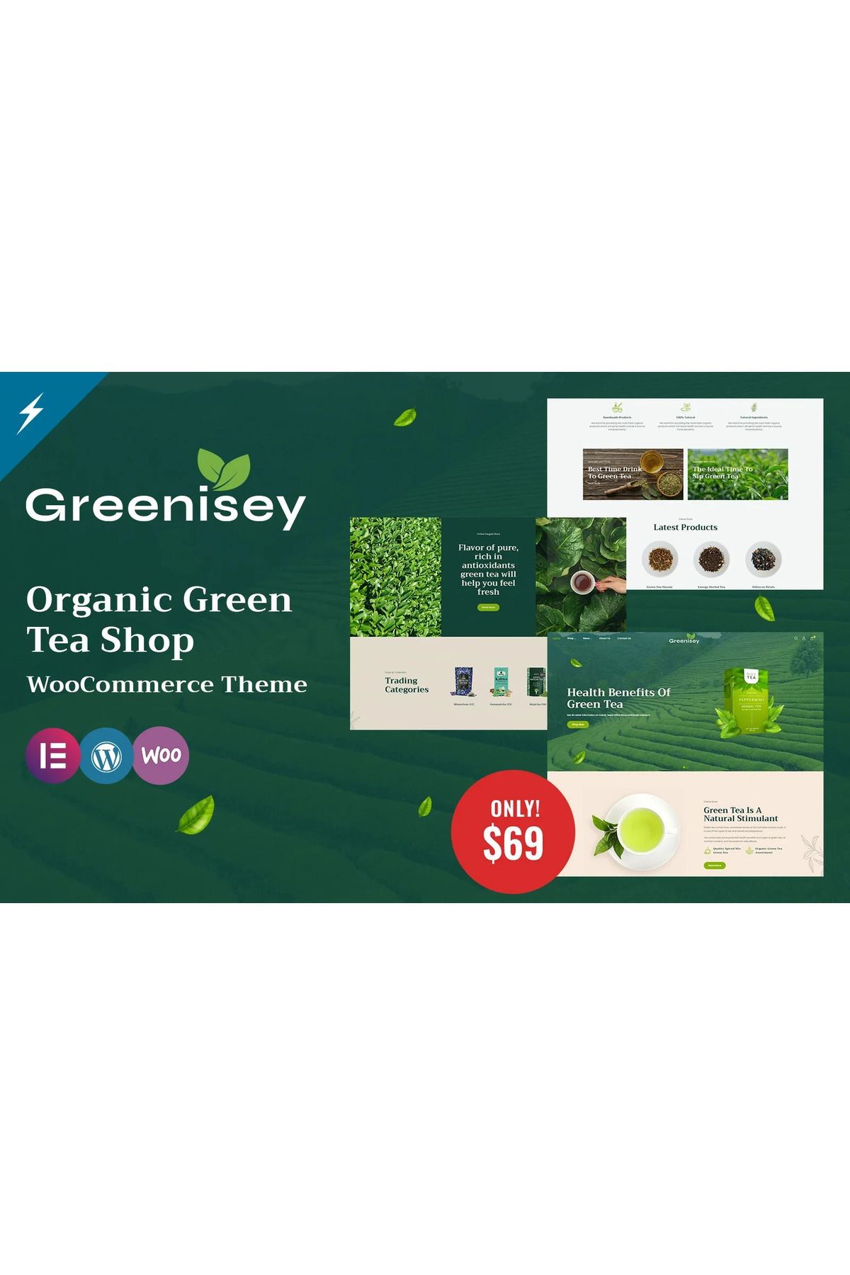 hemen tasarım Greenisey - Organic Green Tea Shop WooCommerce Teması