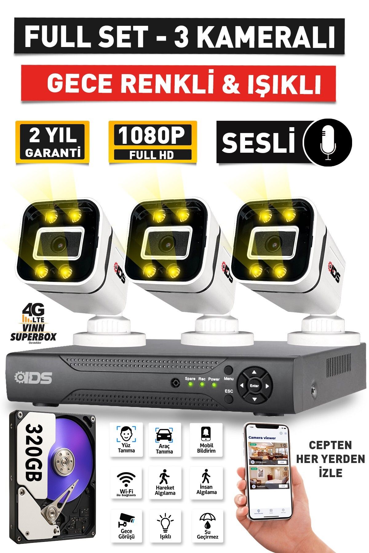 IDS SESLİ - 3 KAMERALI FULLHD GECE RENKLİ VE IŞIKLI GÜVENLİK KAMERASI - KAMERA SETİ 320GB DİSK
