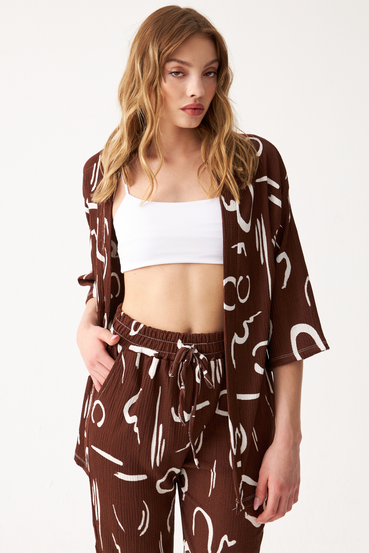 Know-Women's Brown Patterned Kimono Shirt Pants Set 2